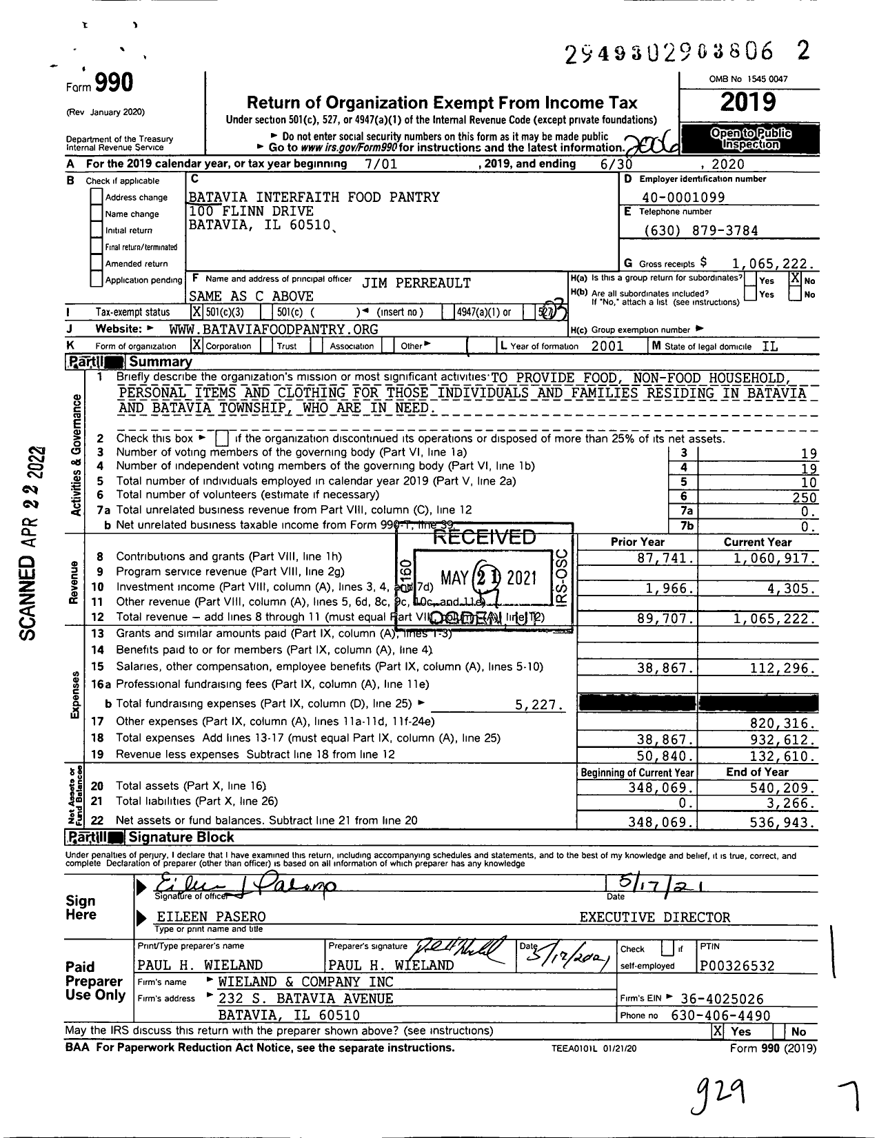 Image of first page of 2019 Form 990 for Batavia Interfaith Food Pantry