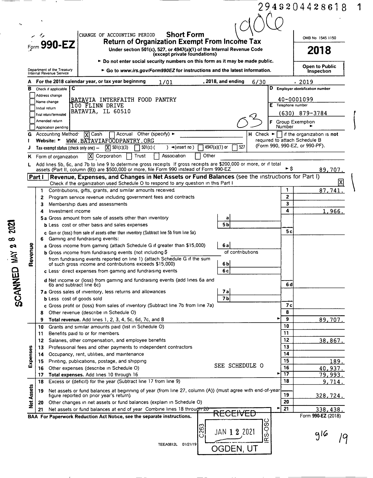 Image of first page of 2018 Form 990EZ for Batavia Interfaith Food Pantry