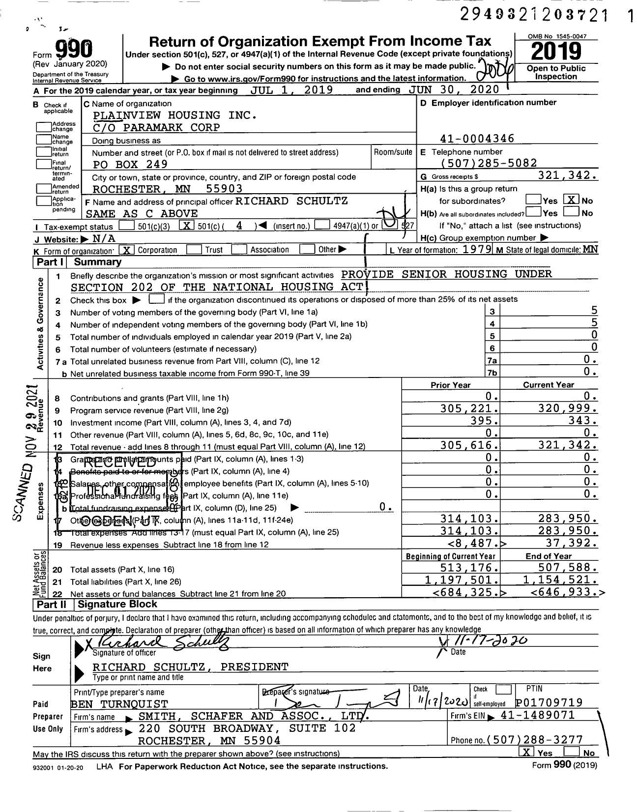 Image of first page of 2019 Form 990O for Plainview Housing