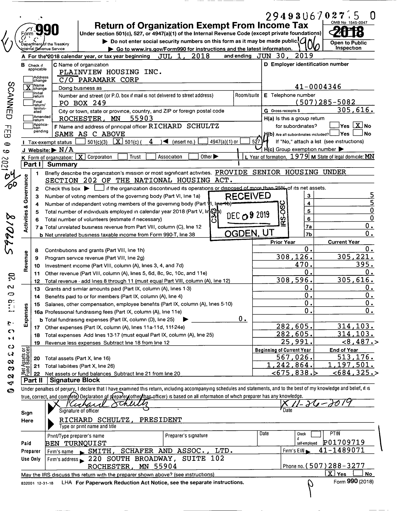 Image of first page of 2018 Form 990O for Plainview Housing