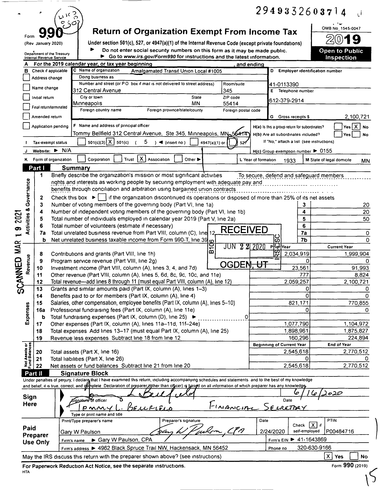 Image of first page of 2019 Form 990O for Amalgamated Transit Union - 1005 Local