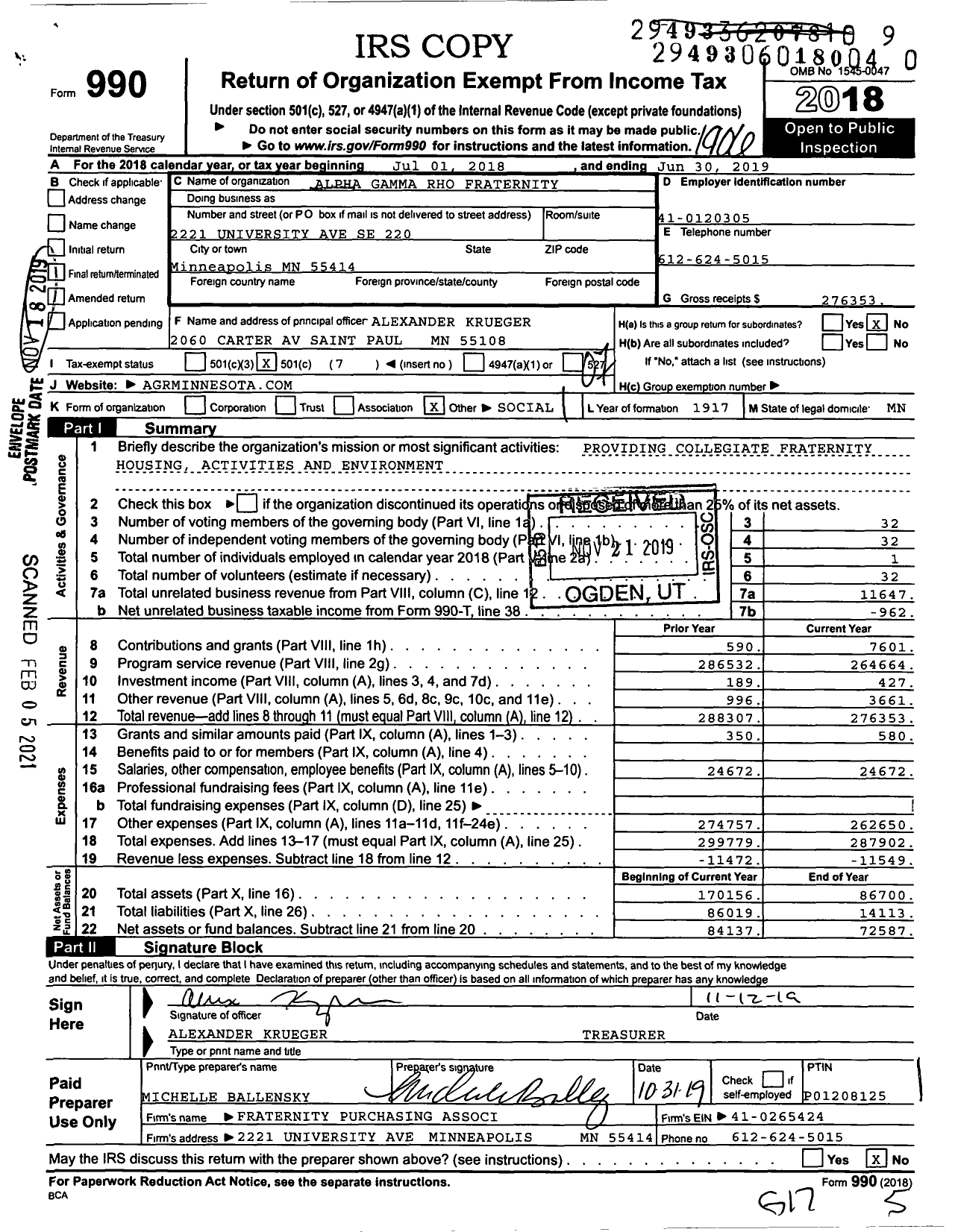 Image of first page of 2018 Form 990O for Alpha Gamma Rho Fraternity - Lambda Active Chapter