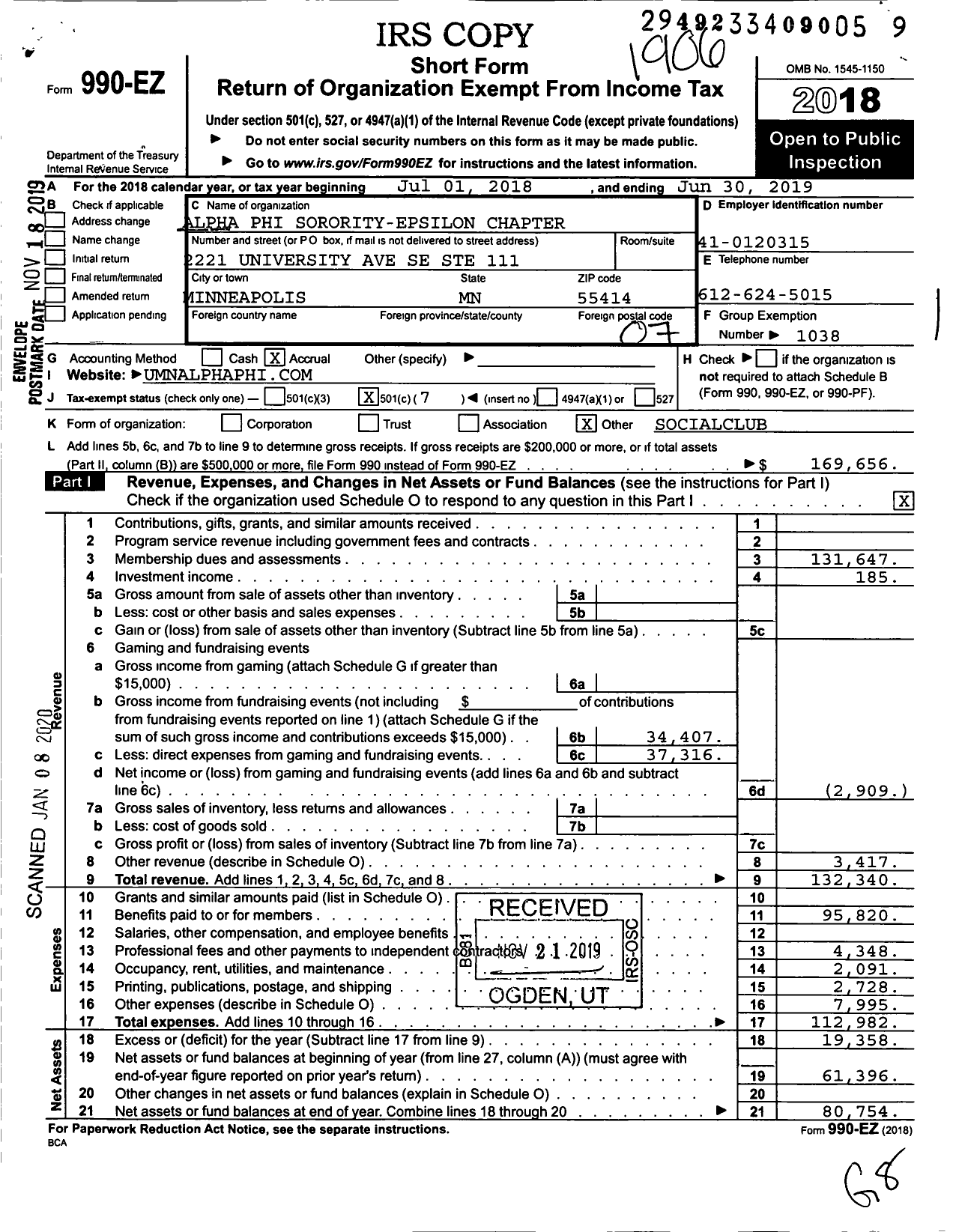 Image of first page of 2018 Form 990EO for Alpha Phi - Epsilon Chapter - Univ of Minnesota