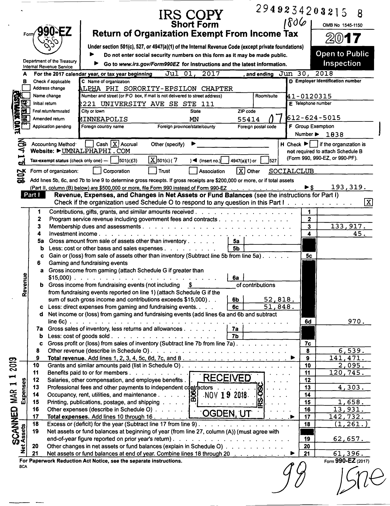 Image of first page of 2017 Form 990EO for Alpha Phi - Epsilon Chapter - Univ of Minnesota