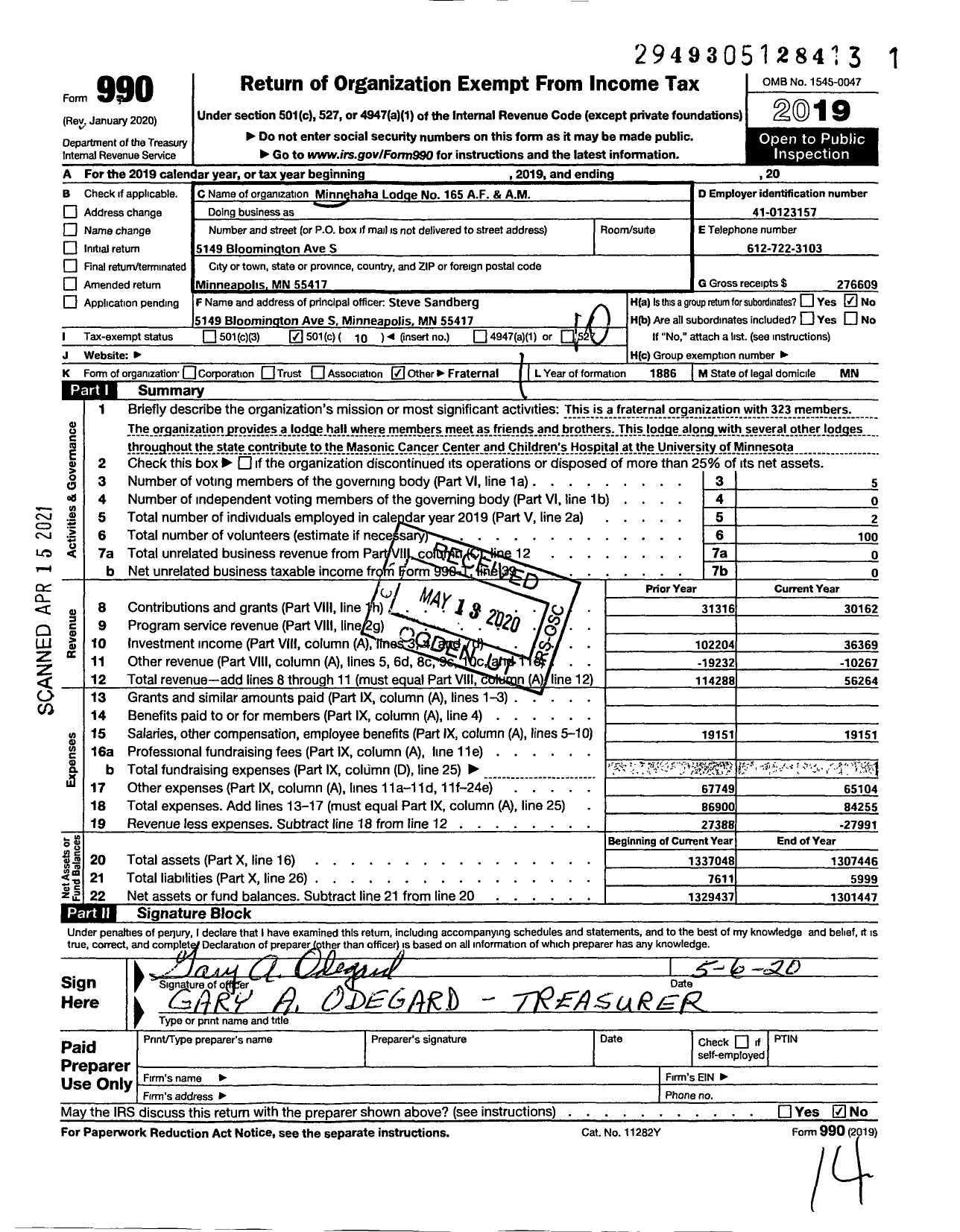 Image of first page of 2019 Form 990O for Ancient Free and Accepted Masons of Minnesota - 0165 Minnehaha Lodge