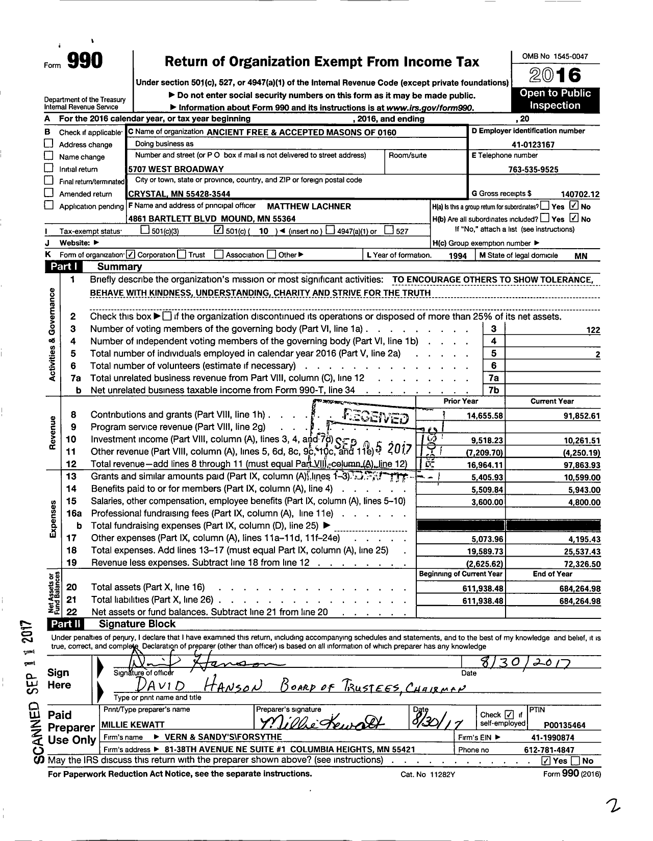 Image of first page of 2016 Form 990O for Ancient Free and Accepted Masons - Plymouth Lodge 160 Af and Am