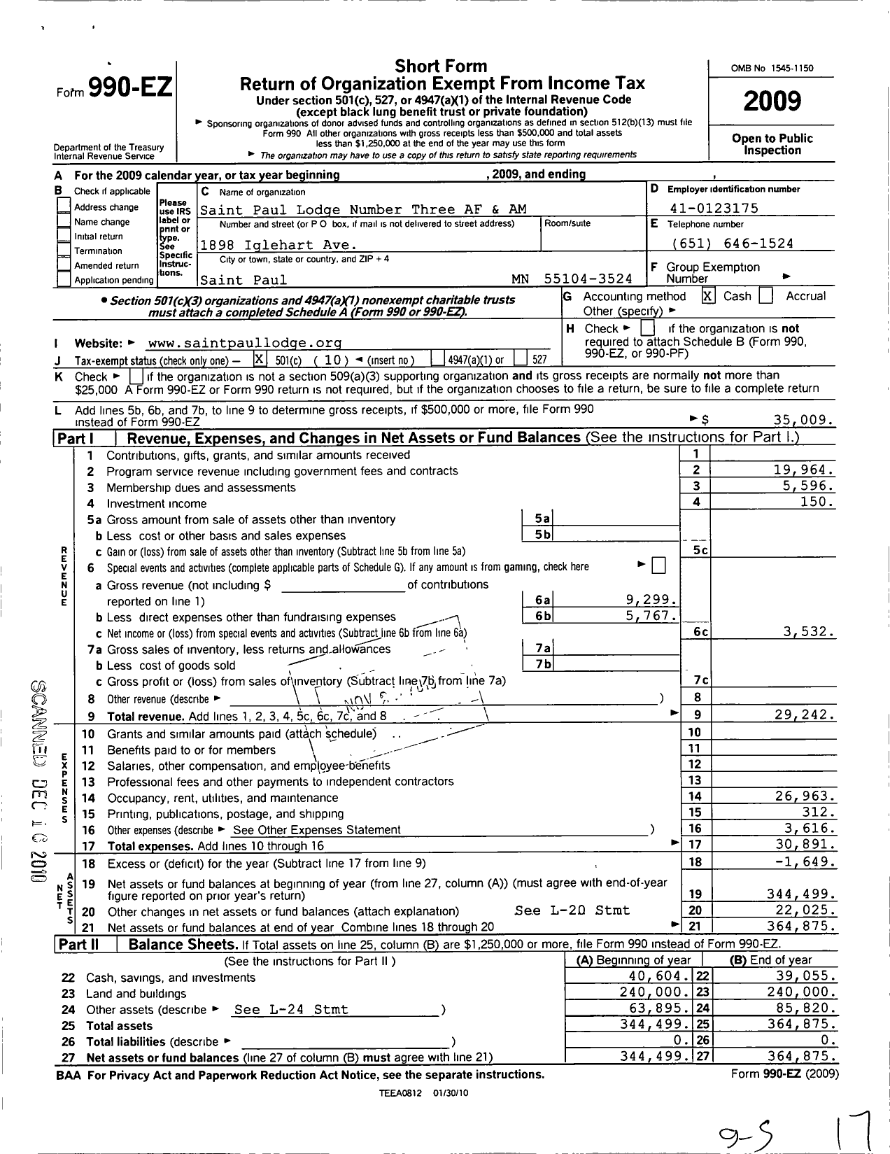 Image of first page of 2009 Form 990EO for Ancient Free and Accepted Masons of Minnesota - 0003 St Paul Lodge