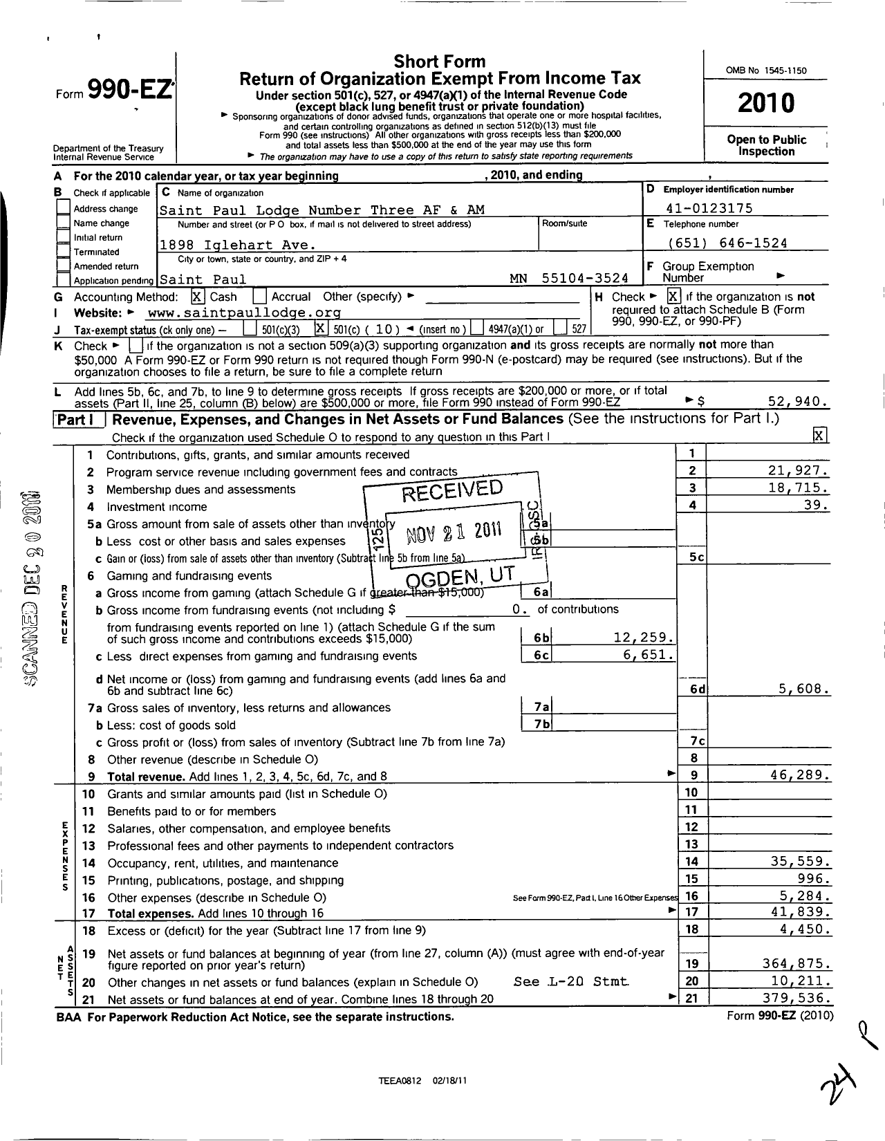 Image of first page of 2010 Form 990EO for Ancient Free and Accepted Masons of Minnesota - 0003 St Paul Lodge