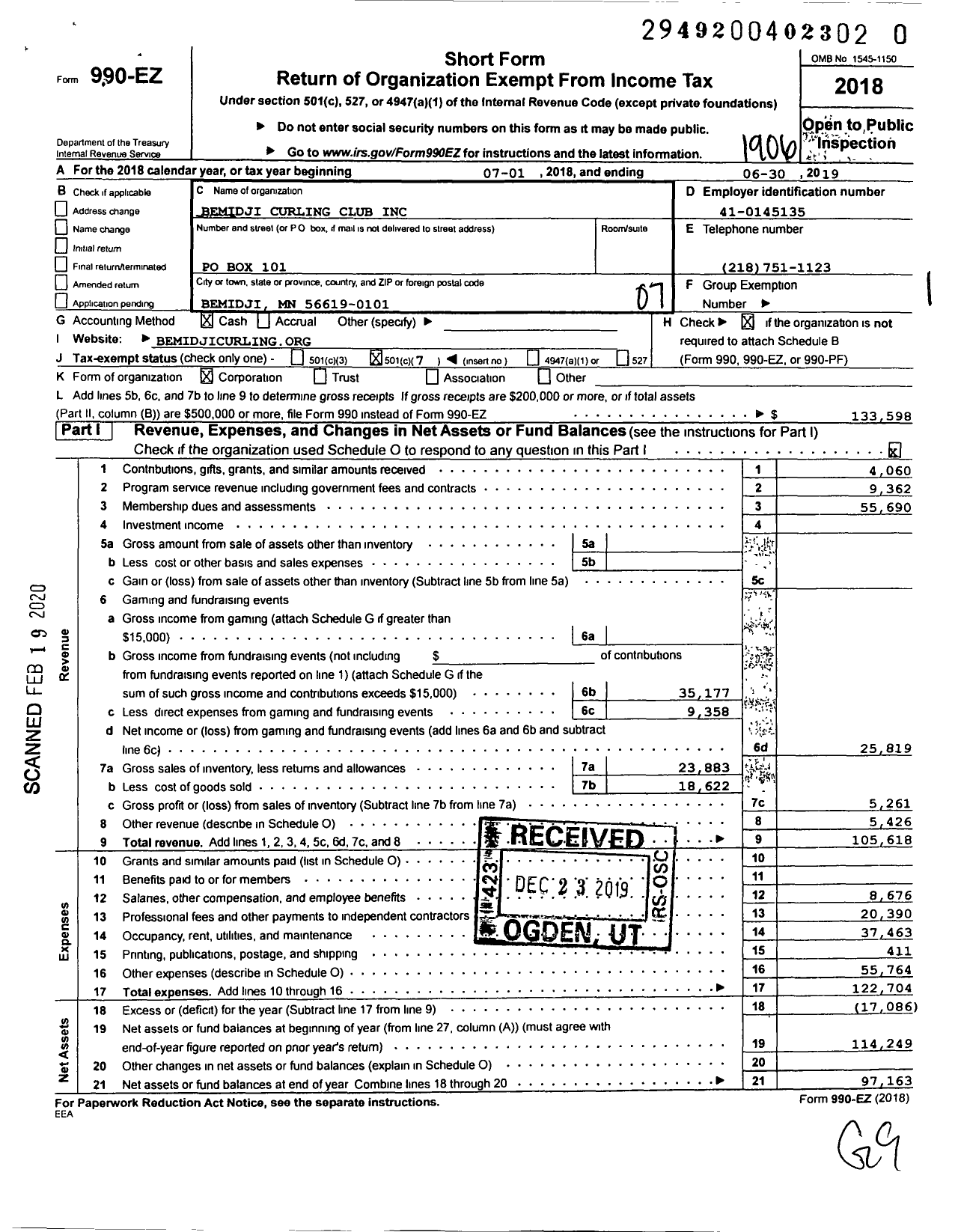 Image of first page of 2018 Form 990EO for Bemidji Curling Club