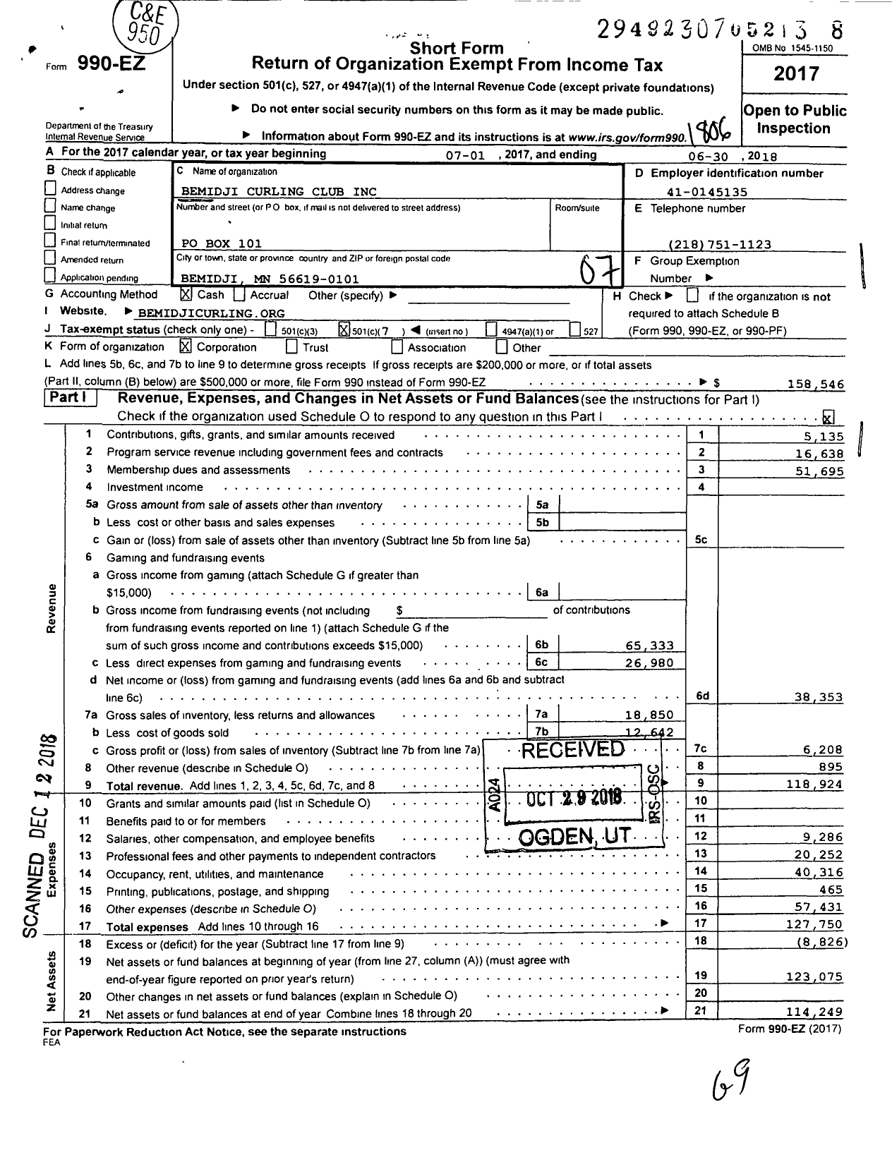 Image of first page of 2017 Form 990EO for Bemidji Curling Club