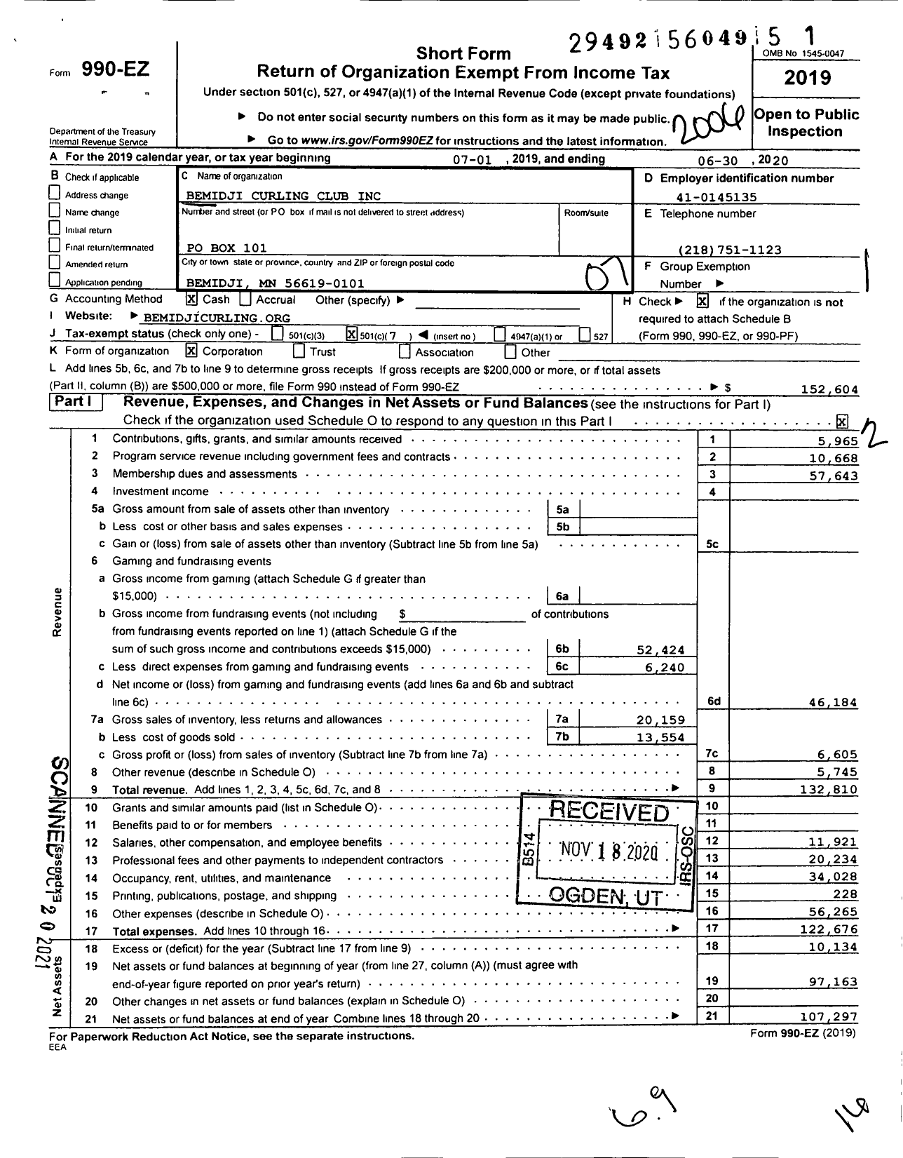 Image of first page of 2019 Form 990EO for Bemidji Curling Club