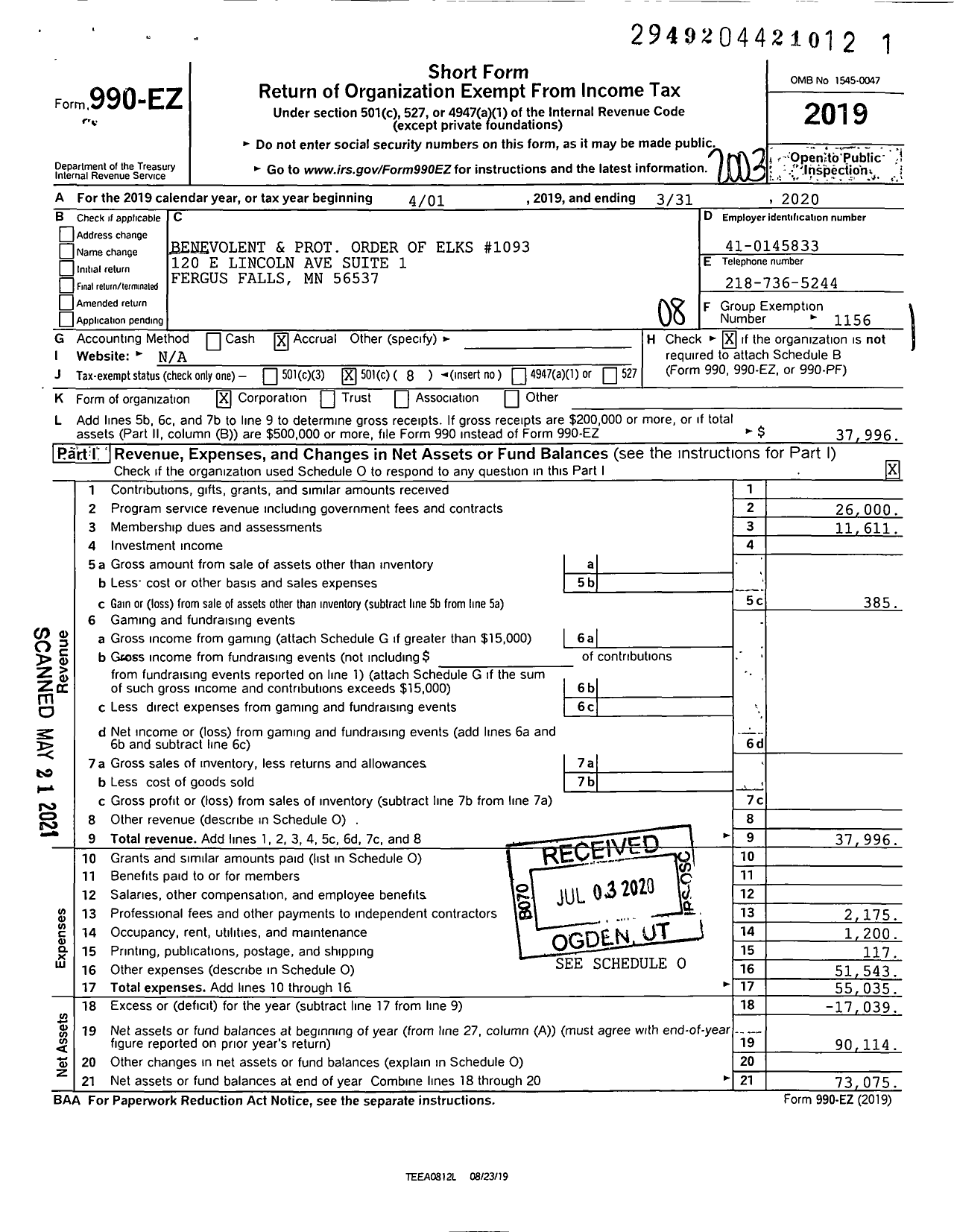 Image of first page of 2019 Form 990EO for Benevolent and Protective Order of Elks - 1093 Fergus Falls