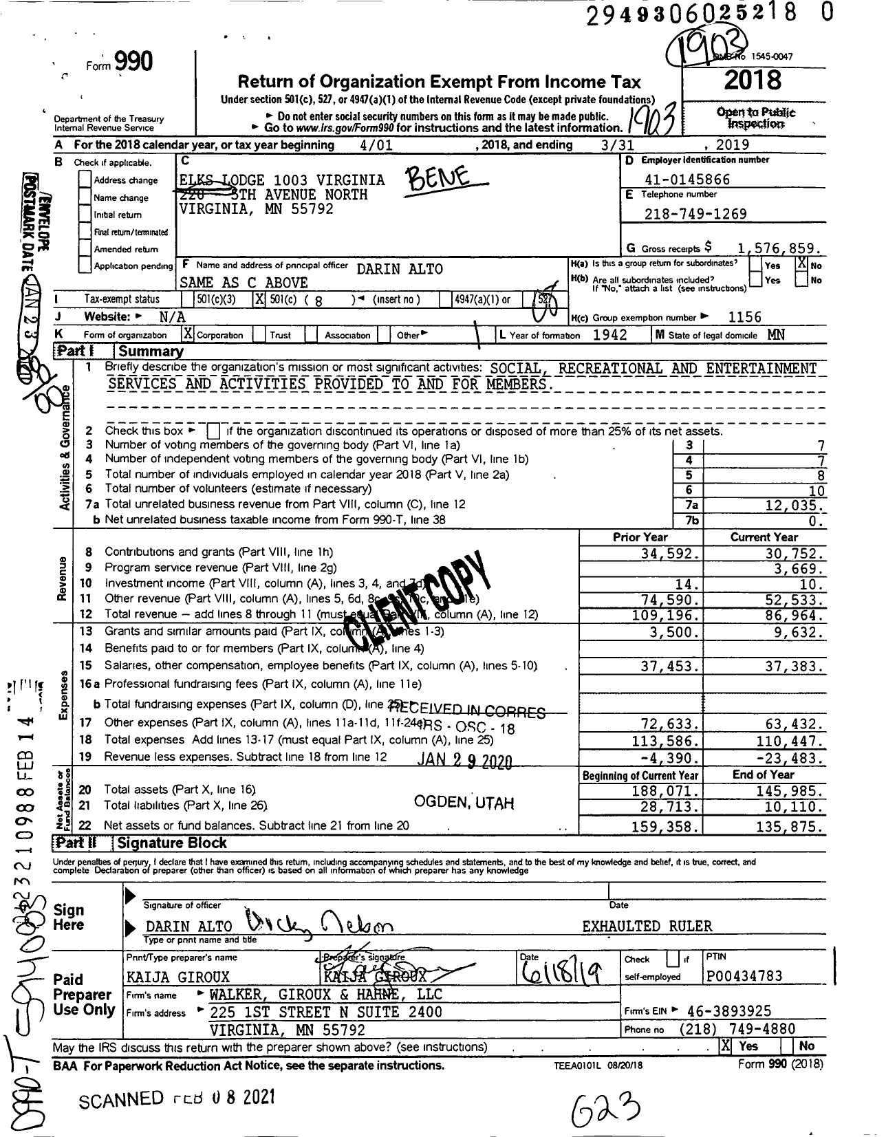 Image of first page of 2018 Form 990O for Benevolent and Protective Order of Elks - 1003 Virginia