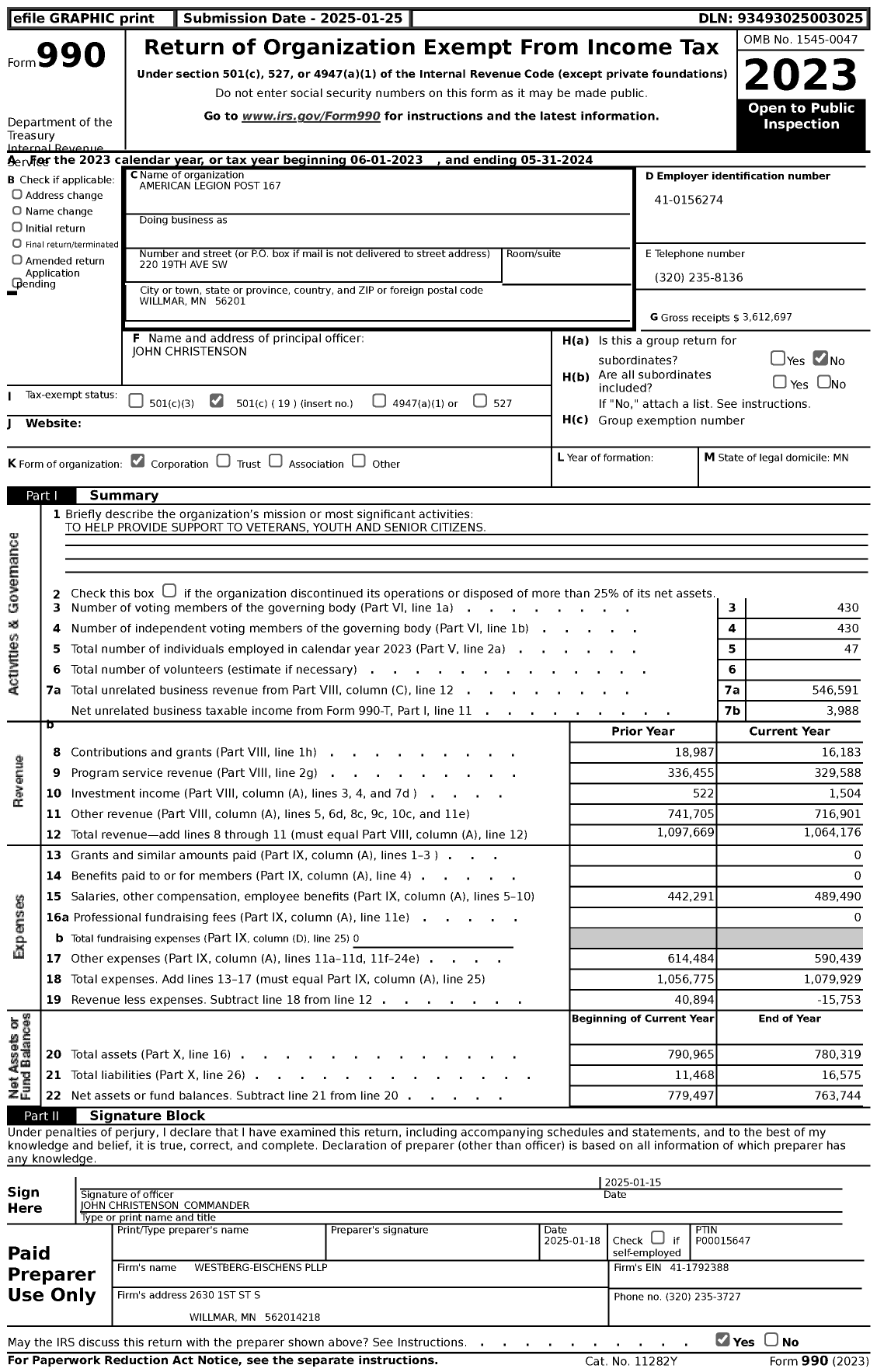 Image of first page of 2023 Form 990 for American Legion - 167 Austin F Hanscom