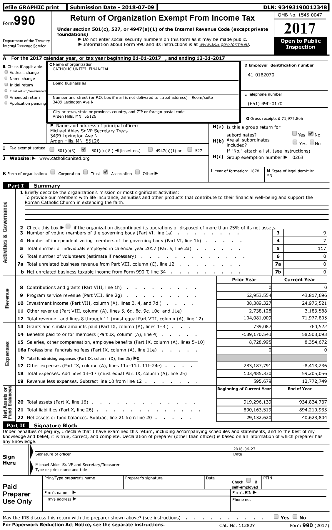 Image of first page of 2017 Form 990 for Catholic United Financial