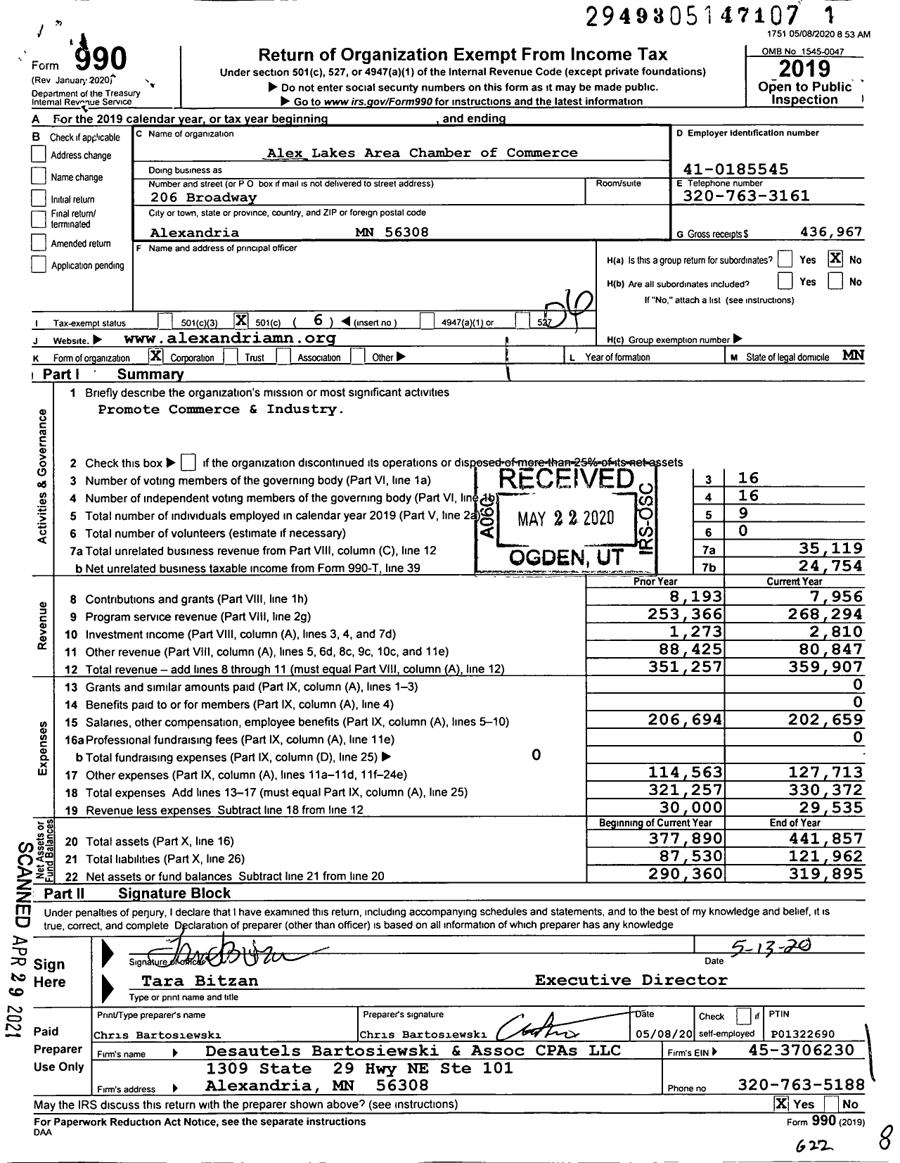 Image of first page of 2019 Form 990O for Alex Lakes Area Chamber of Commerce