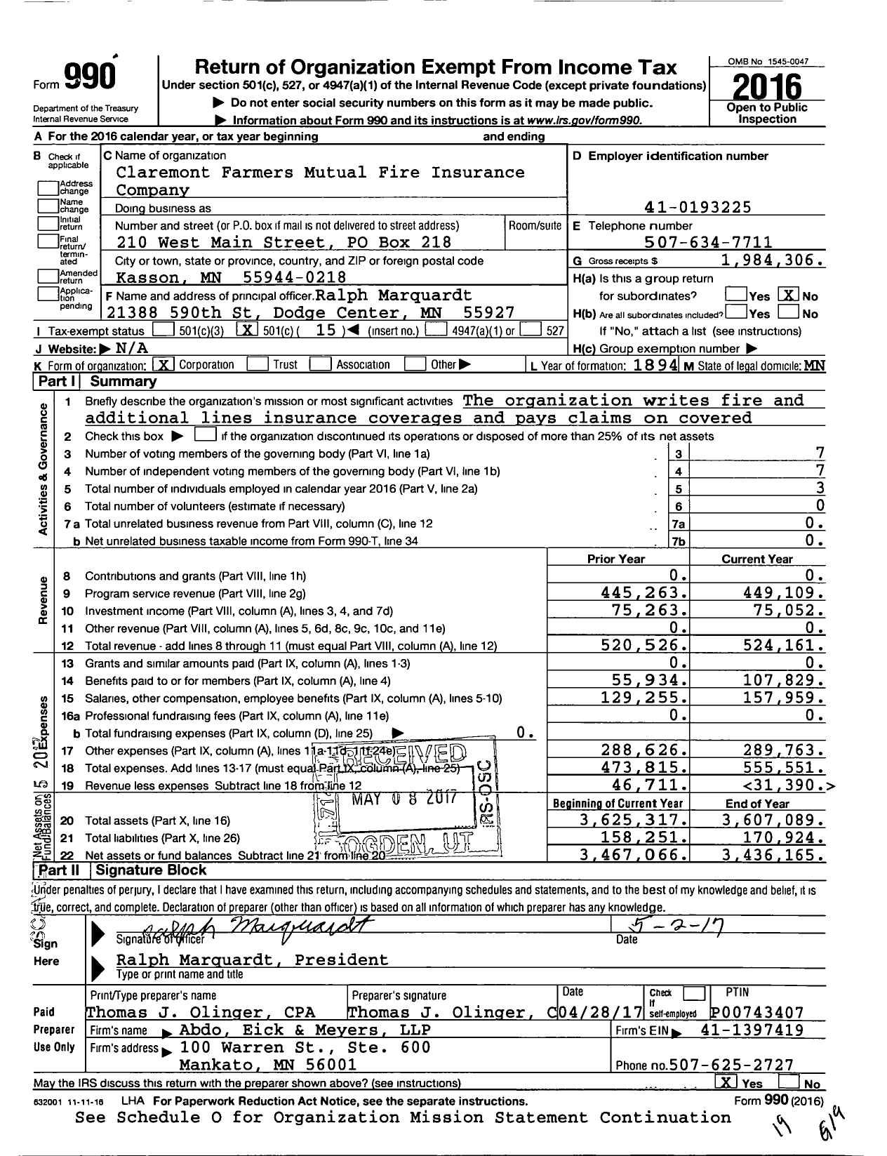 Image of first page of 2016 Form 990O for Claremont Farmers Mutual Fire Insurance Company