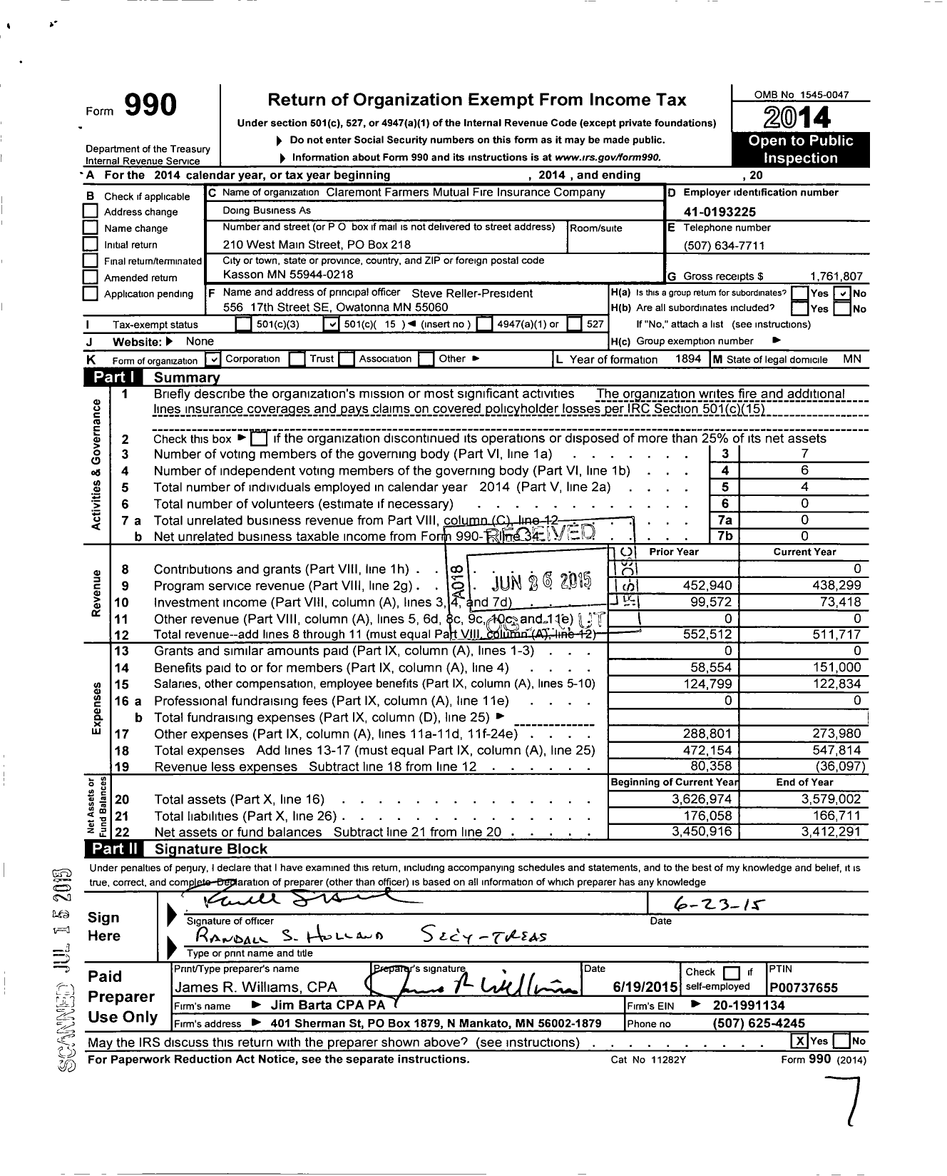 Image of first page of 2014 Form 990O for Claremont Farmers Mutual Fire Insurance Company