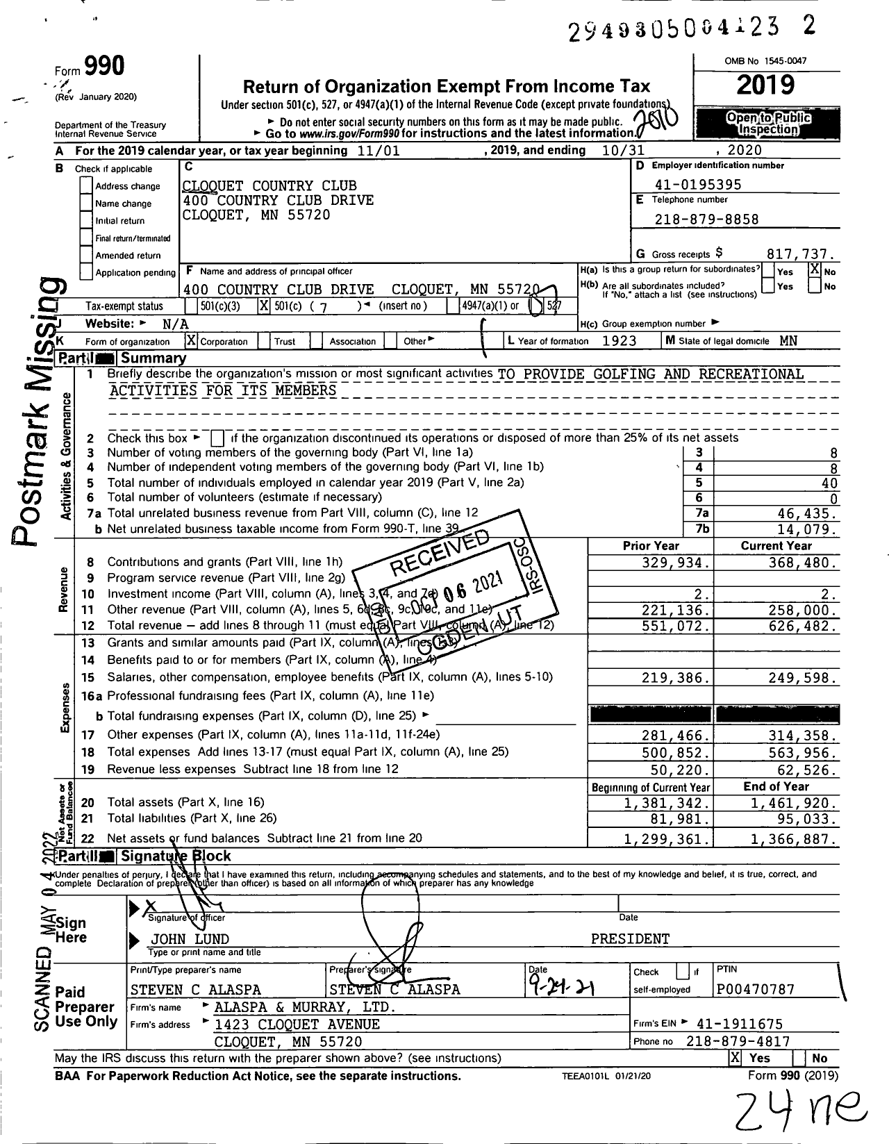 Image of first page of 2019 Form 990O for Cloquet Country Club