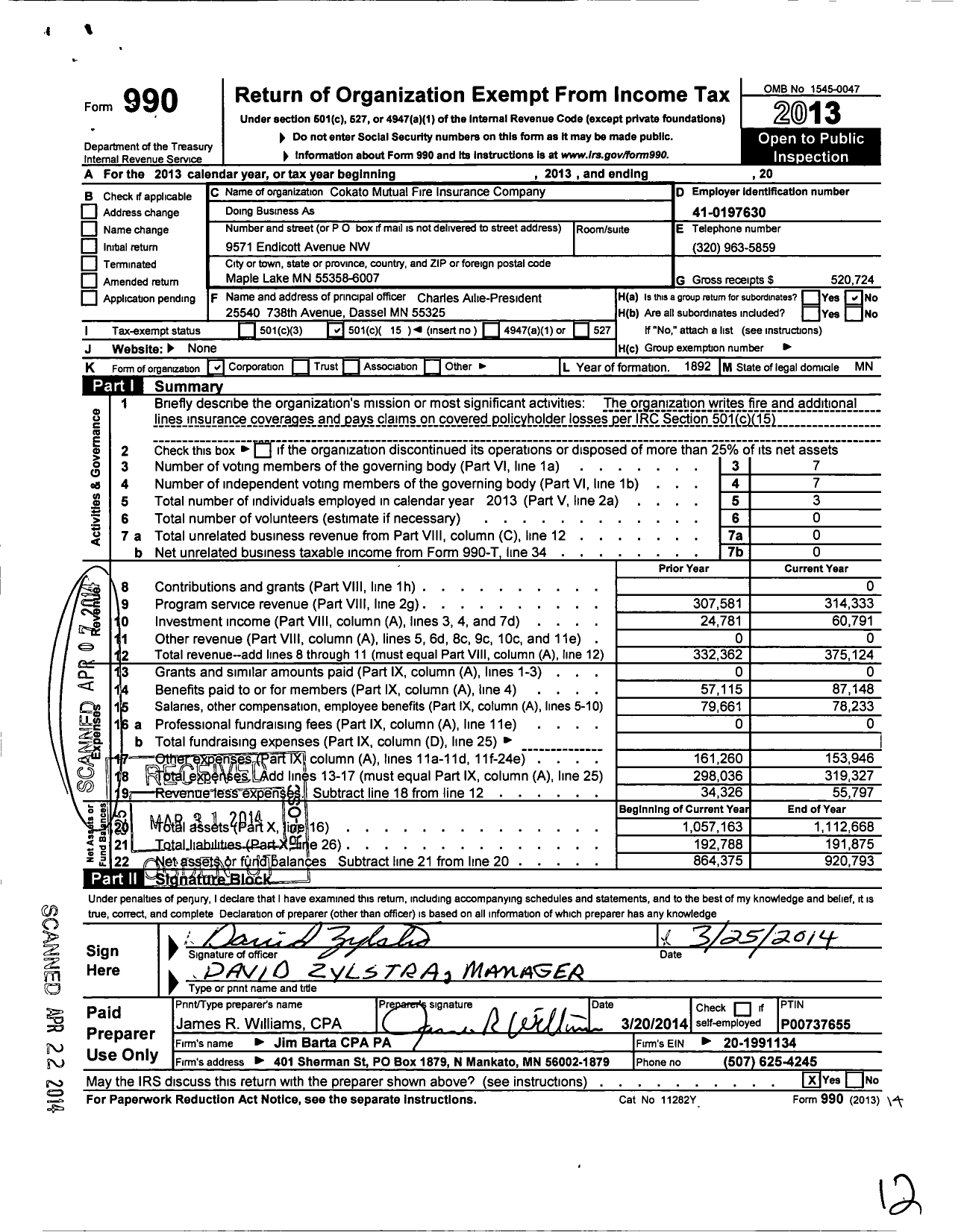 Image of first page of 2013 Form 990O for Cokato Mutual Fire Insurance Company