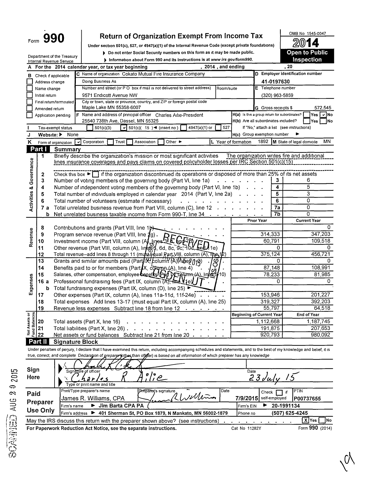 Image of first page of 2014 Form 990O for Cokato Mutual Fire Insurance Company