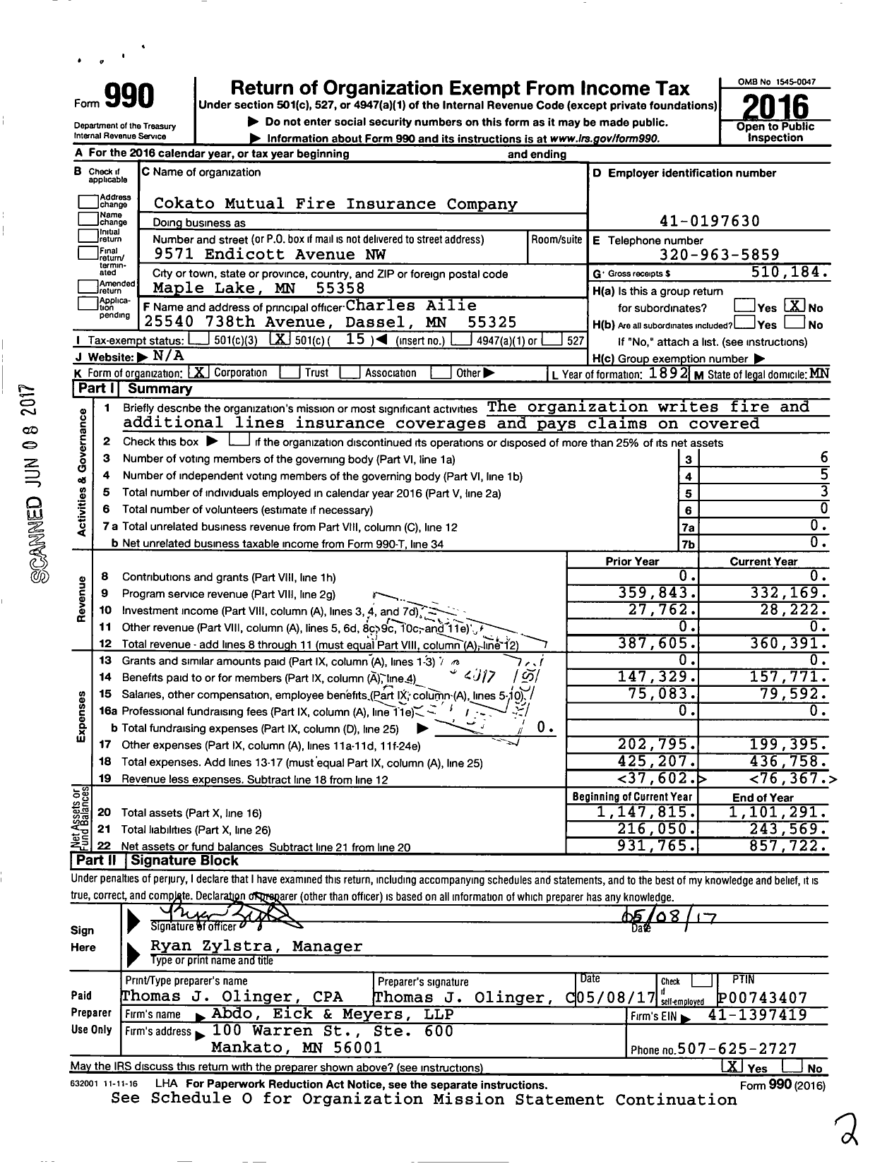 Image of first page of 2016 Form 990O for Cokato Mutual Fire Insurance Company