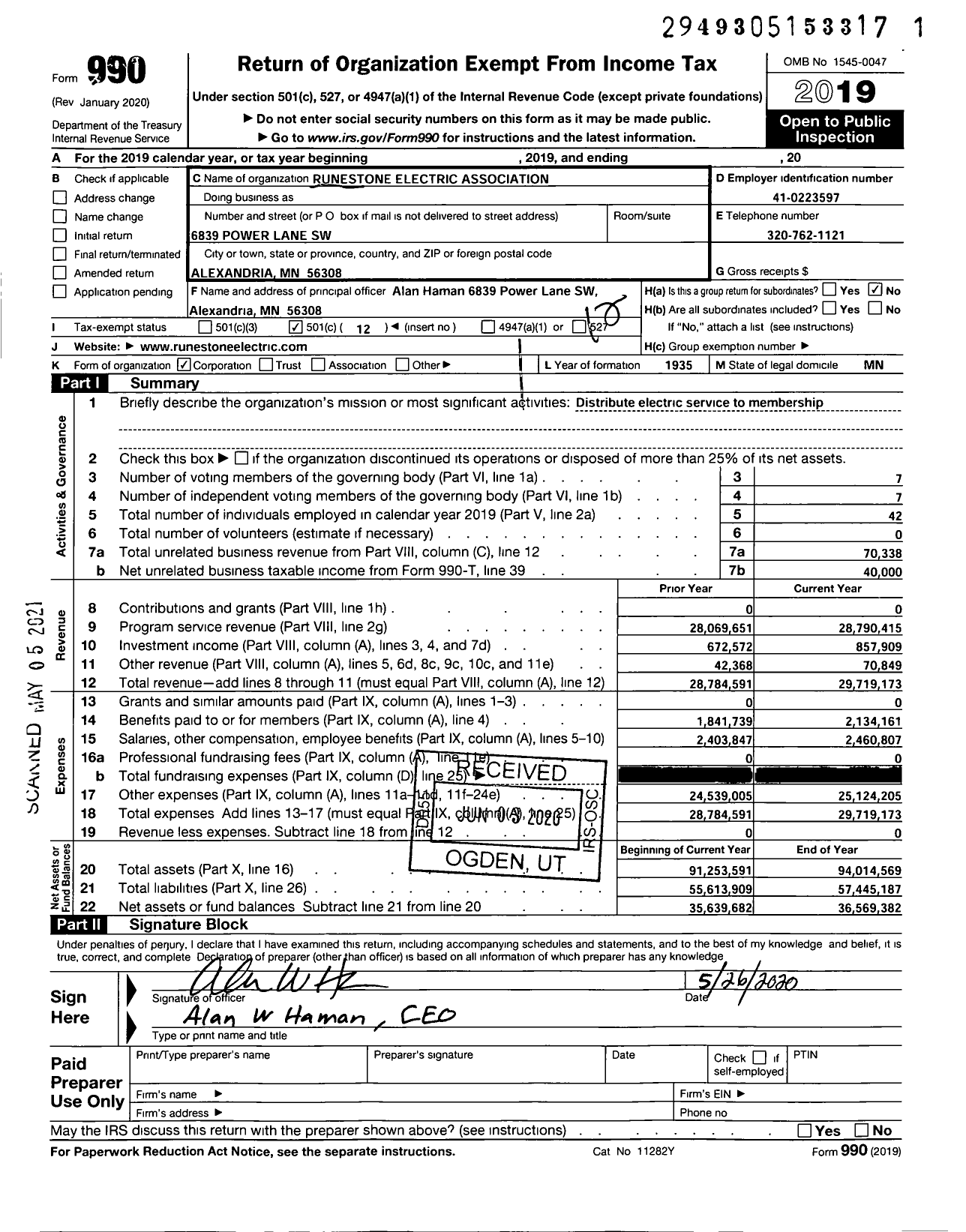 Image of first page of 2019 Form 990O for Runestone Electric Association