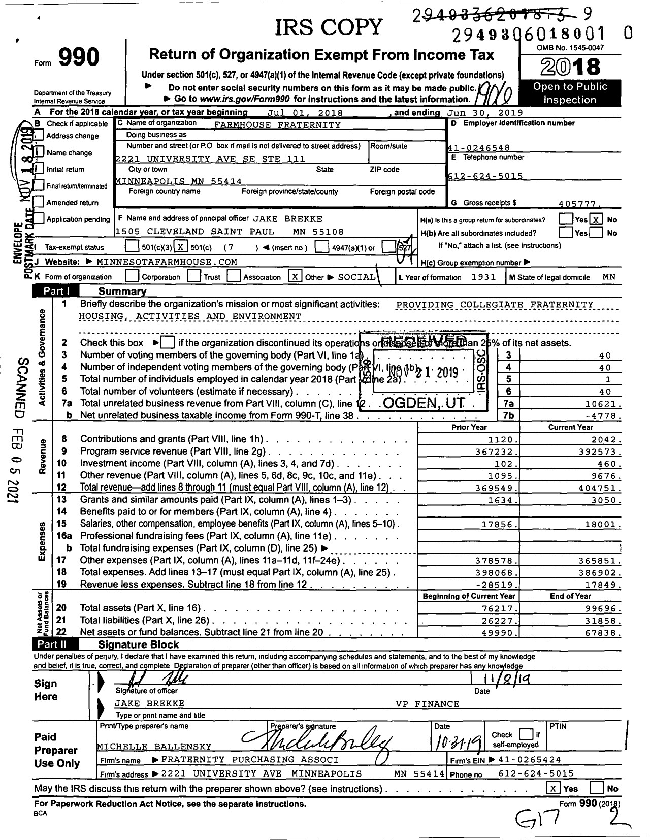 Image of first page of 2018 Form 990O for Minnesota Association / Farmhouse Fraternity Inc