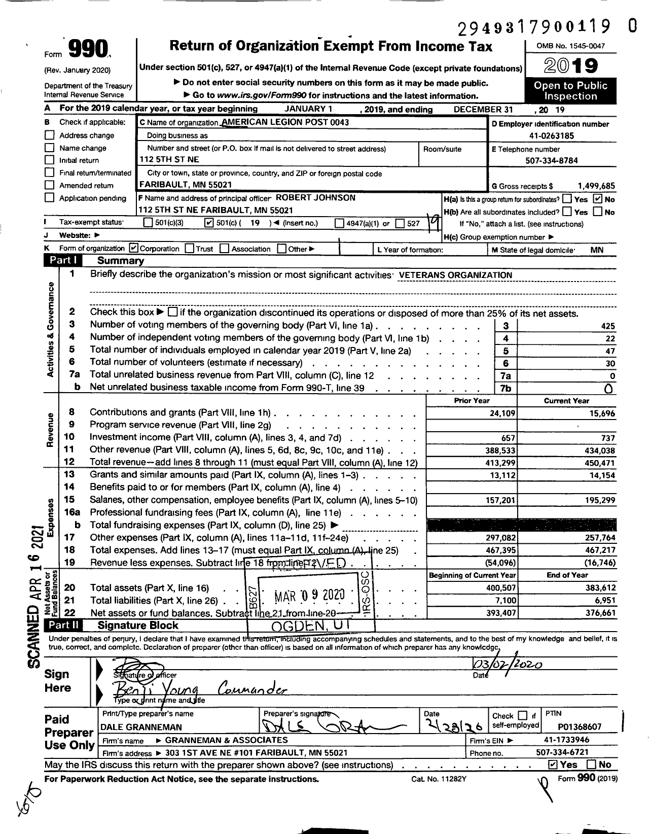 Image of first page of 2019 Form 990O for American Legion Post 0043