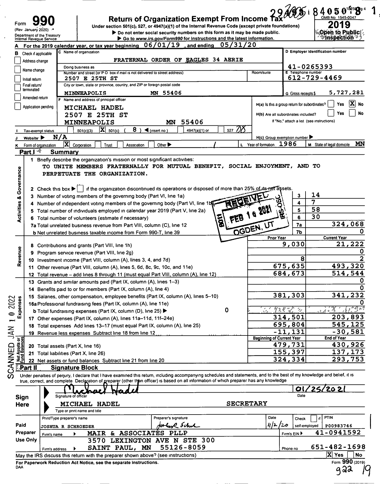 Image of first page of 2019 Form 990O for Fraternal Order of Eagles - 34 Aerie