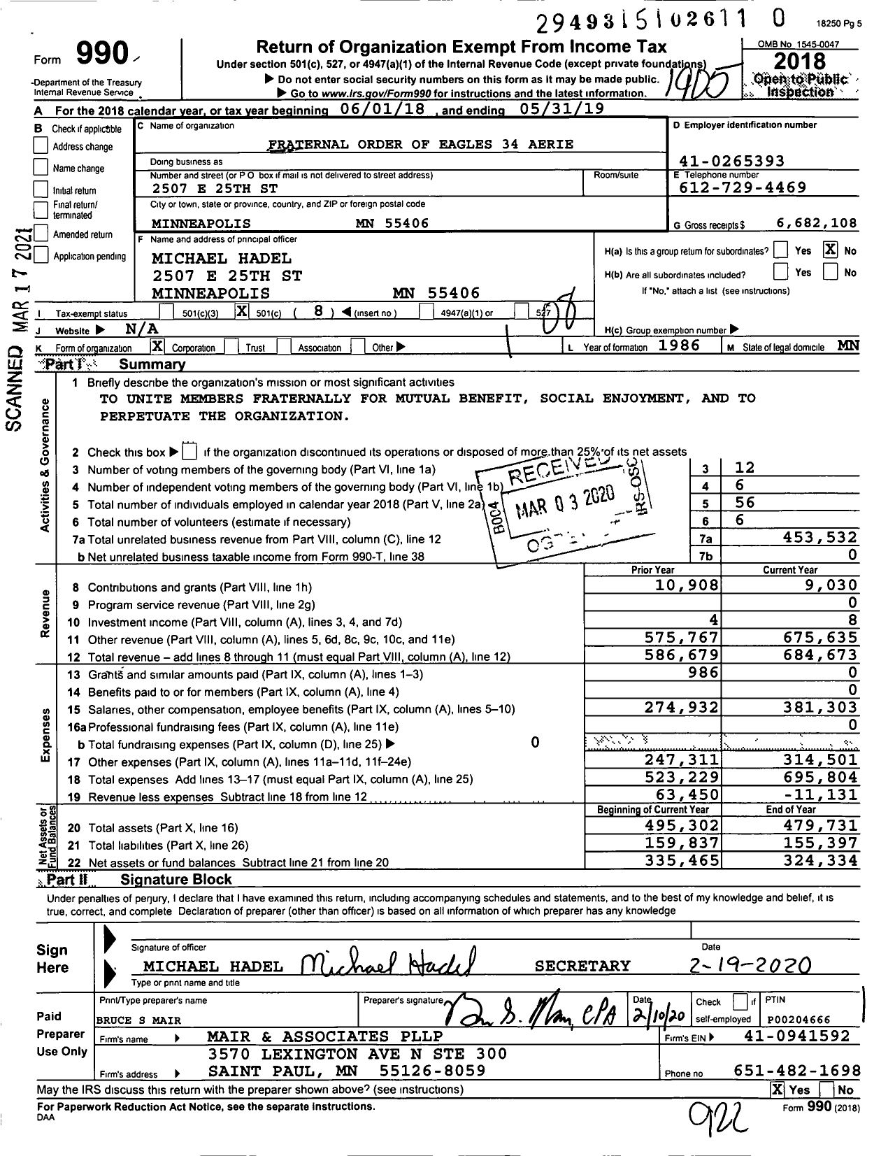 Image of first page of 2018 Form 990O for Fraternal Order of Eagles - 34 Aerie