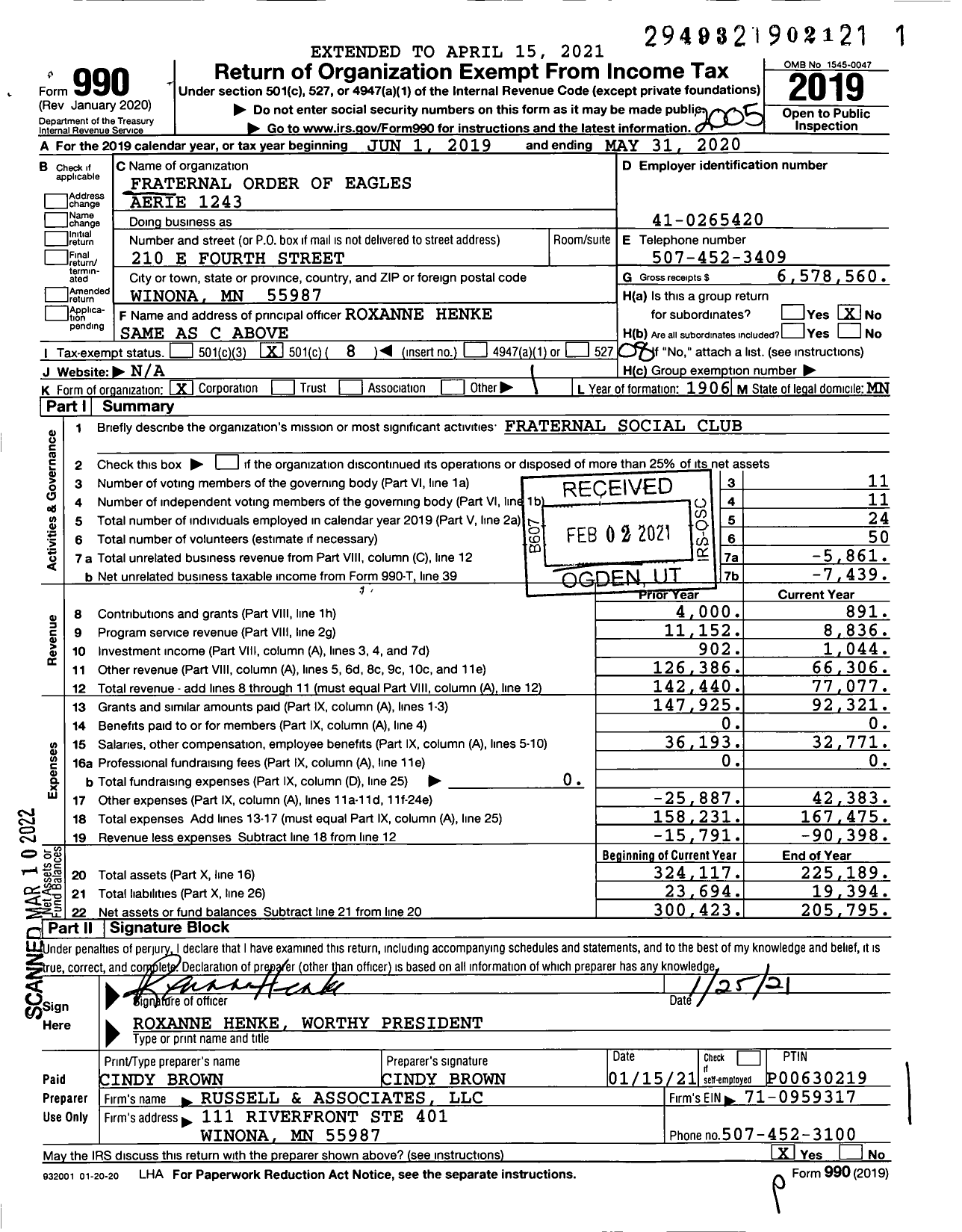 Image of first page of 2019 Form 990O for Fraternal Order of Eagles - 1243 Aerie