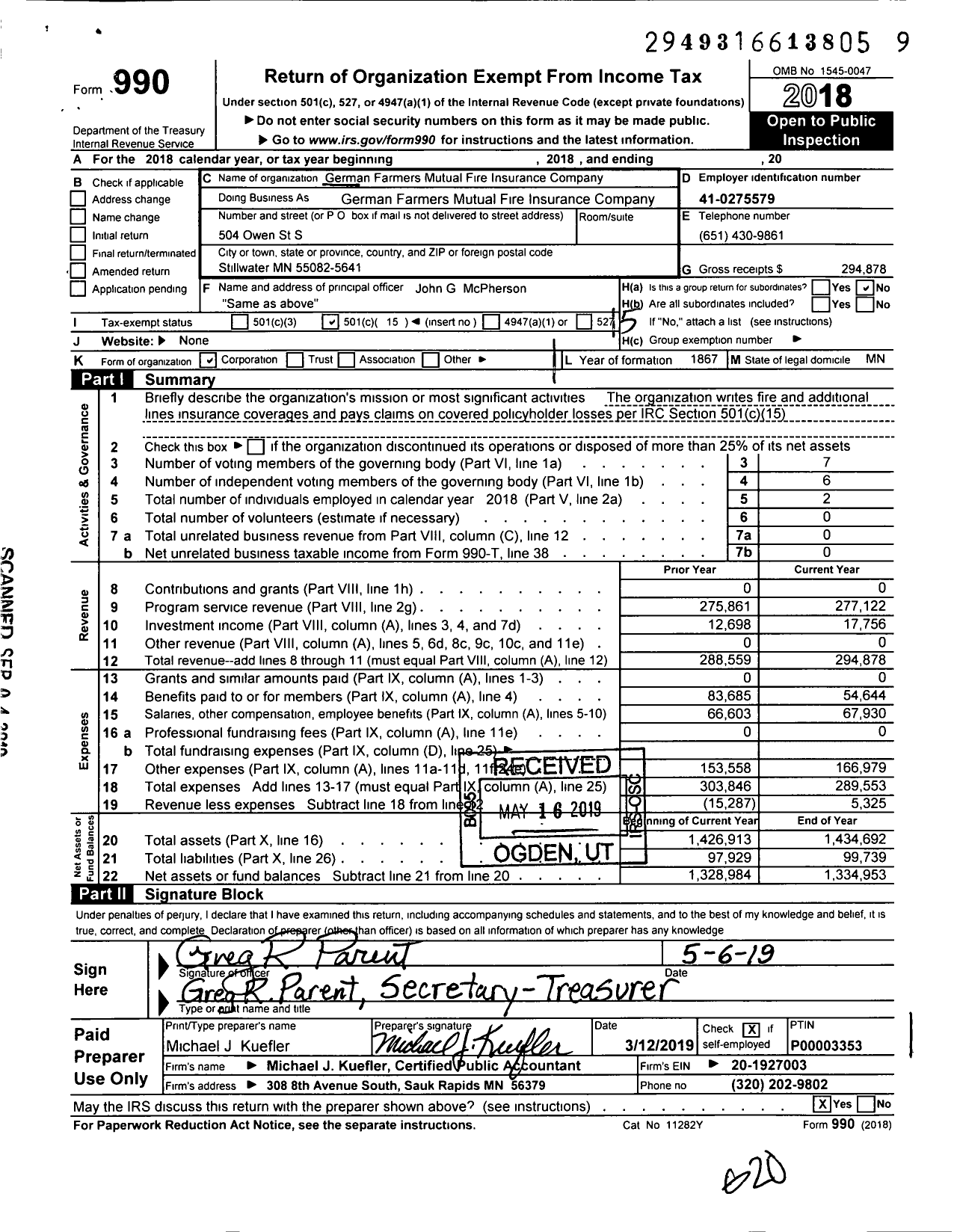 Image of first page of 2018 Form 990O for German Farmers Mutual Fire Insurance