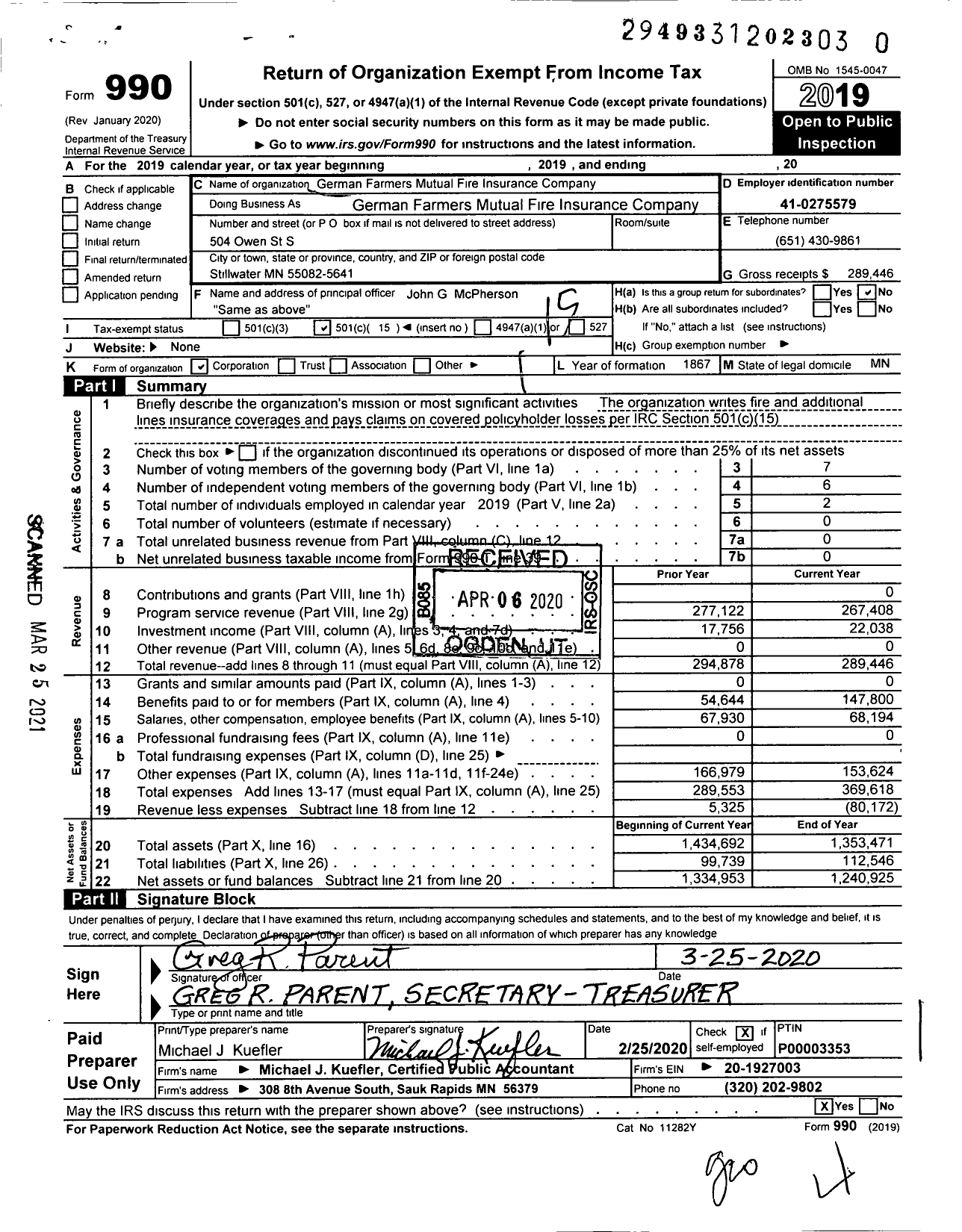 Image of first page of 2019 Form 990O for German Farmers Mutual Fire Insurance