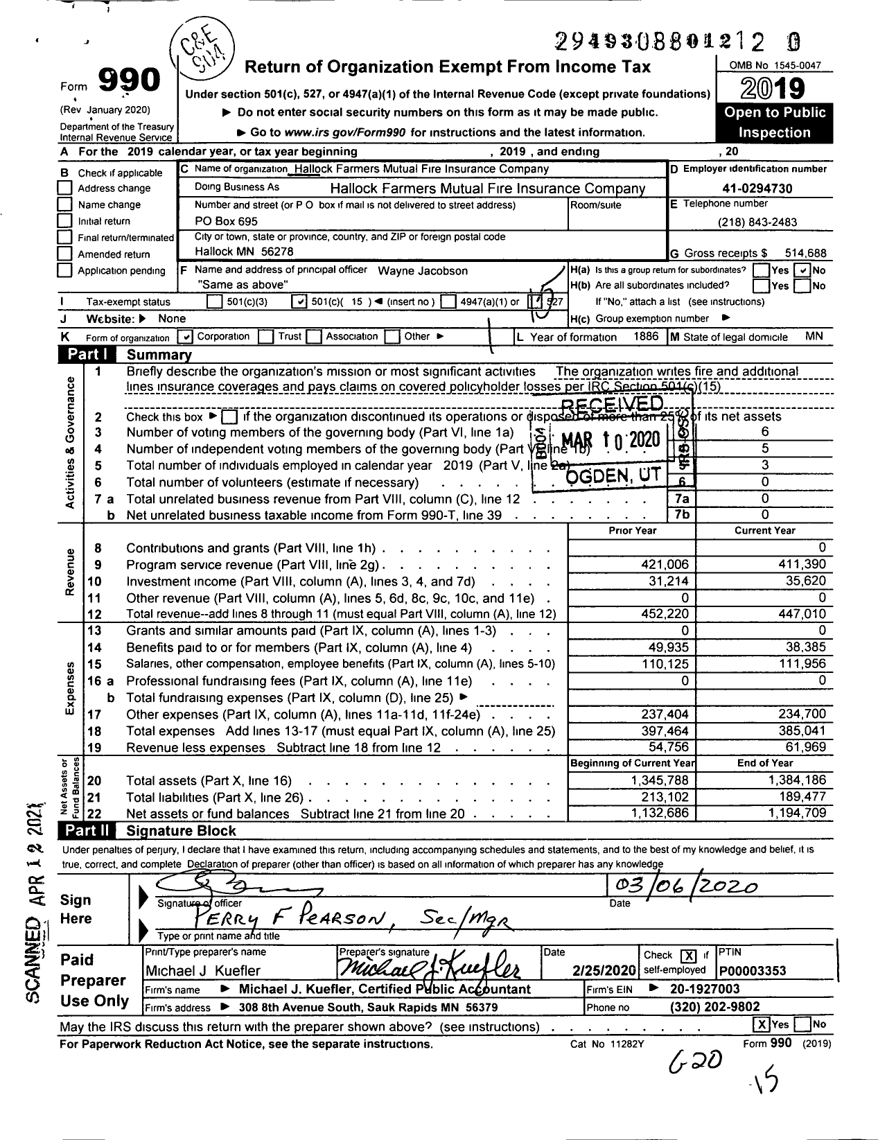 Image of first page of 2019 Form 990O for Hallock Farmers Mutual Fire Insurance