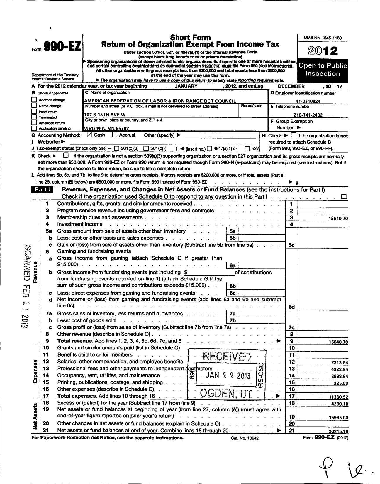 Image of first page of 2012 Form 990EO for AFL-CIO - Iron Range BCT Council