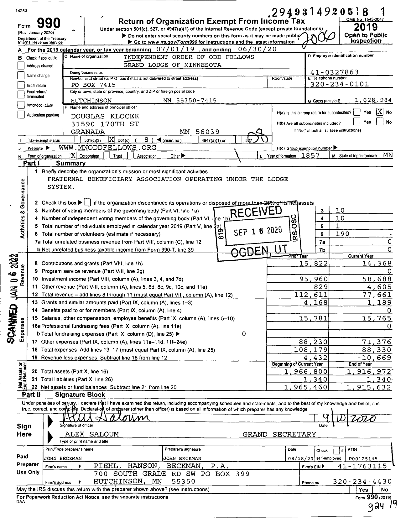 Image of first page of 2019 Form 990O for Independent Order of Odd Fellows - Grand Lodge of Minnesota