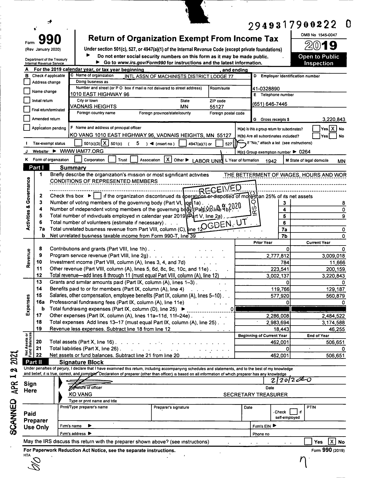 Image of first page of 2019 Form 990O for International Association of Machinists and Aerospace Workers - 77 Dist