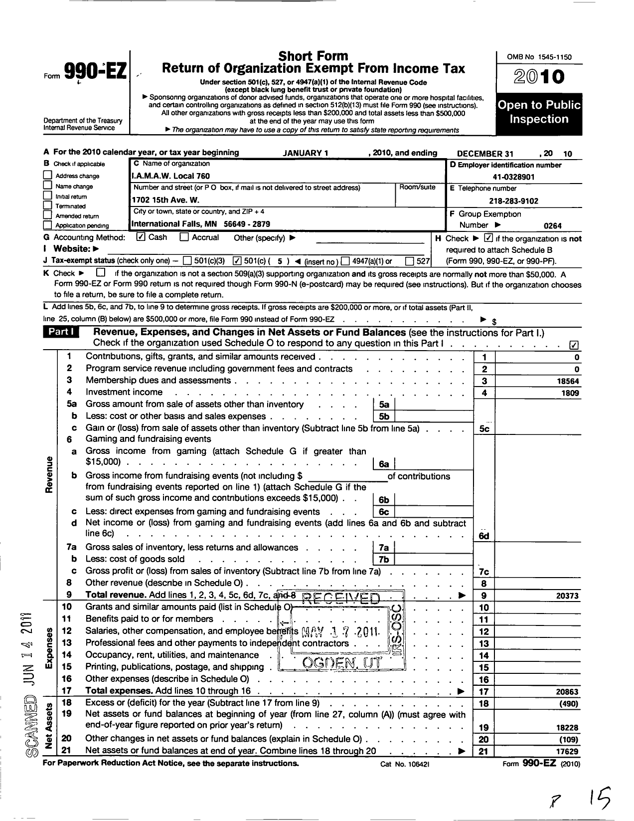 Image of first page of 2010 Form 990EO for International Association of Machinists and Aerospace Workers - 760