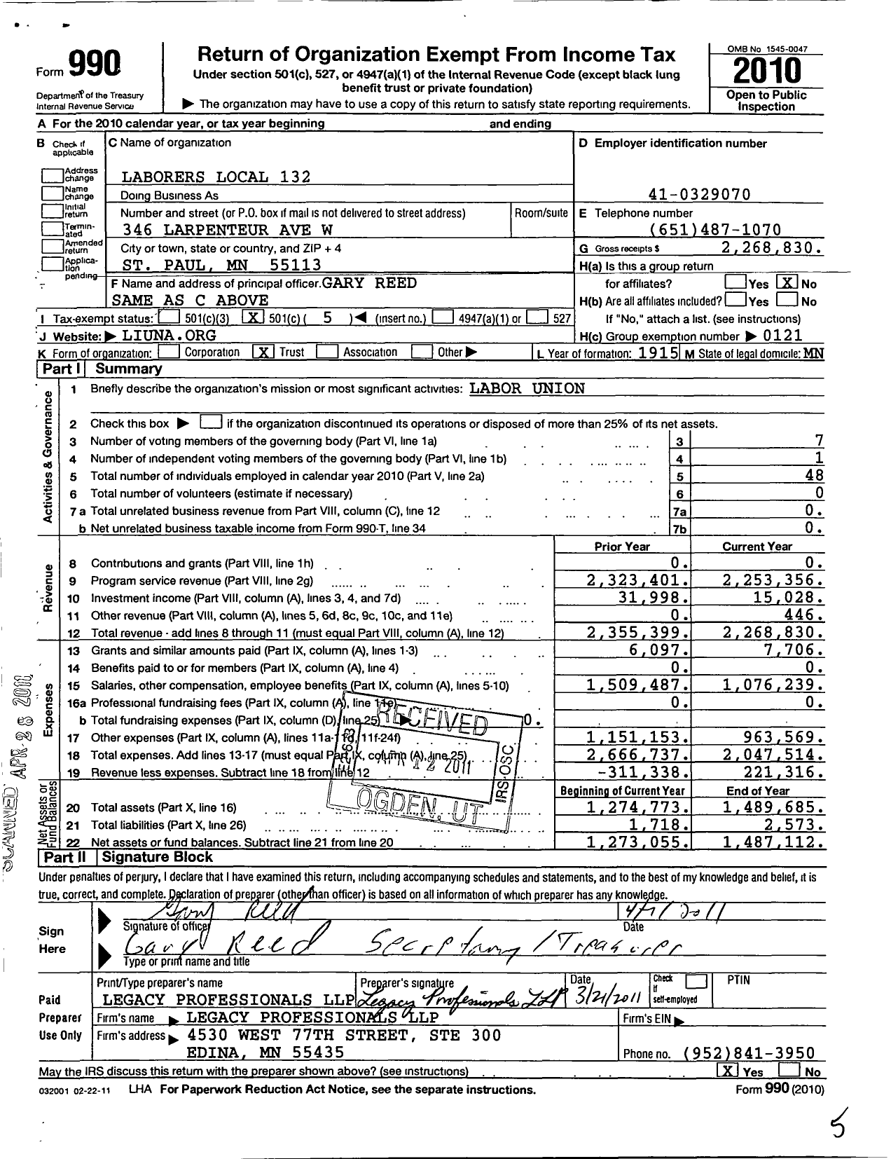 Image of first page of 2010 Form 990O for Laborers' International Union of North America - 132 Local Union