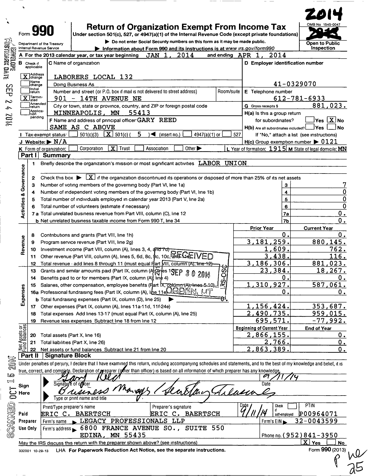 Image of first page of 2013 Form 990O for Laborers' International Union of North America - 132 Local Union