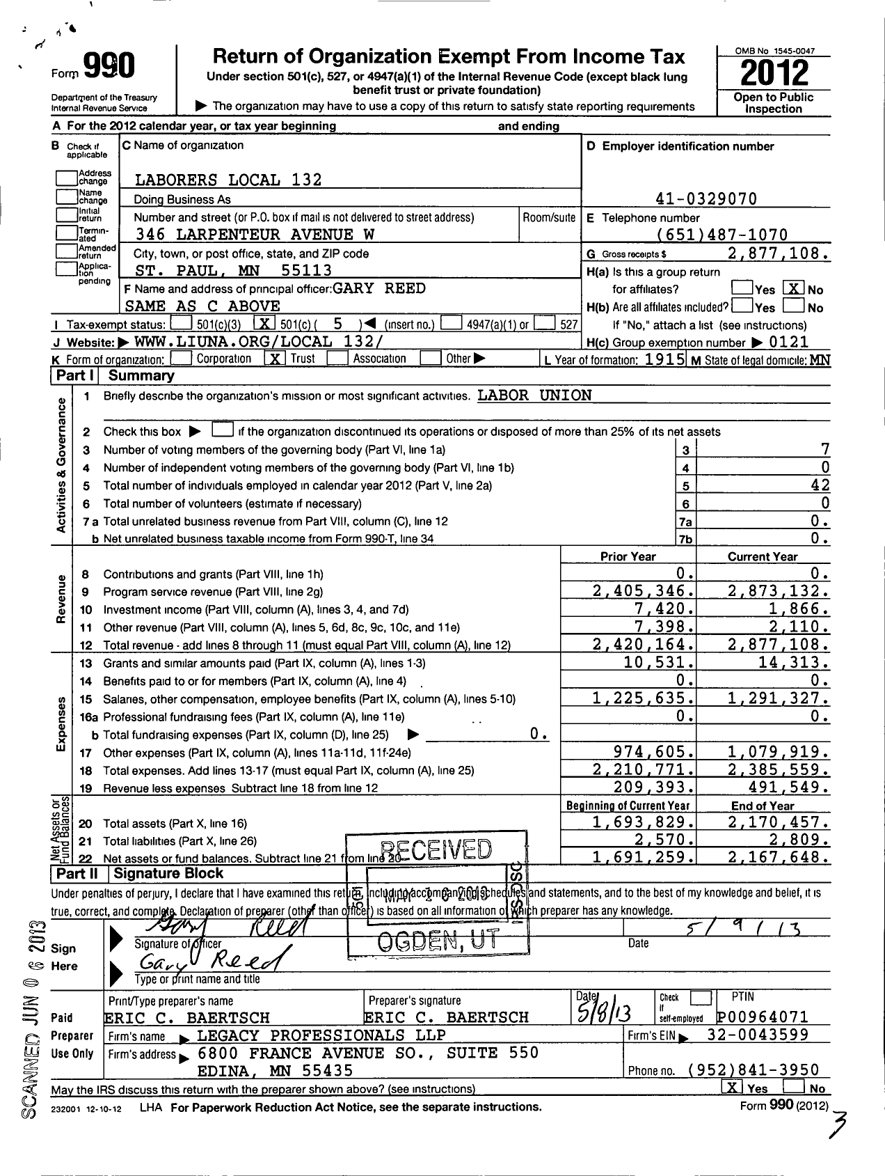 Image of first page of 2012 Form 990O for Laborers' International Union of North America - 132 Local Union