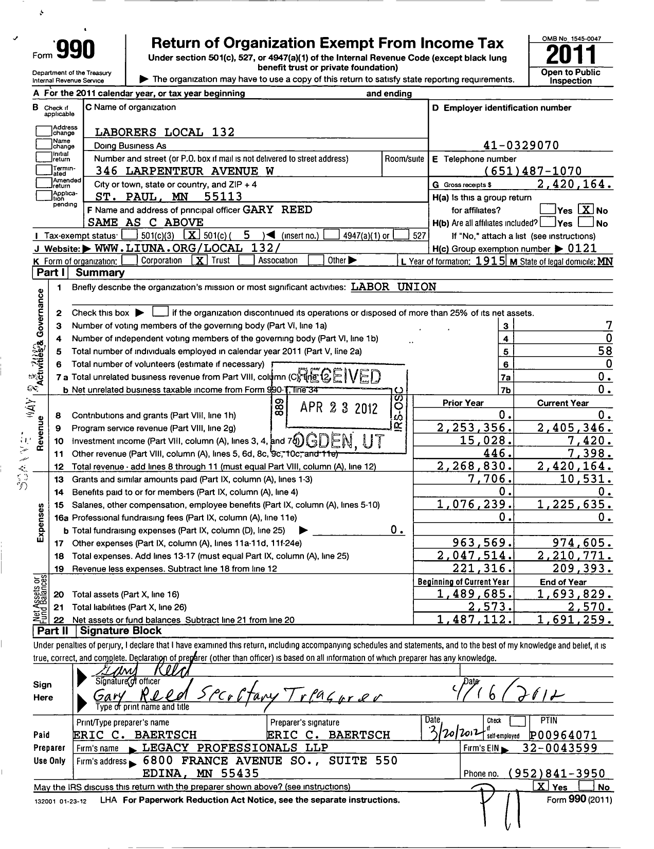 Image of first page of 2011 Form 990O for Laborers' International Union of North America - 132 Local Union