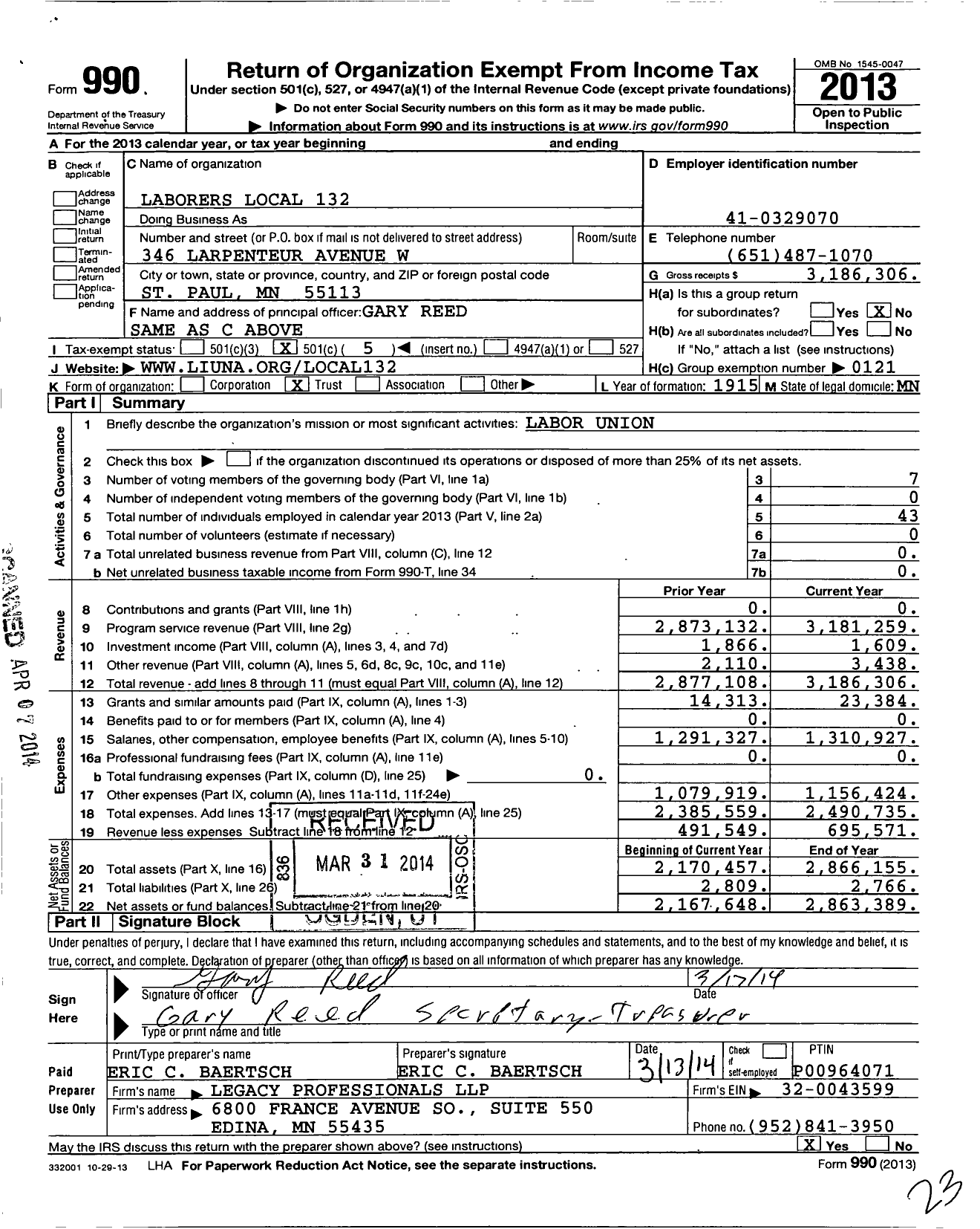 Image of first page of 2013 Form 990O for Laborers' International Union of North America - 132 Local Union