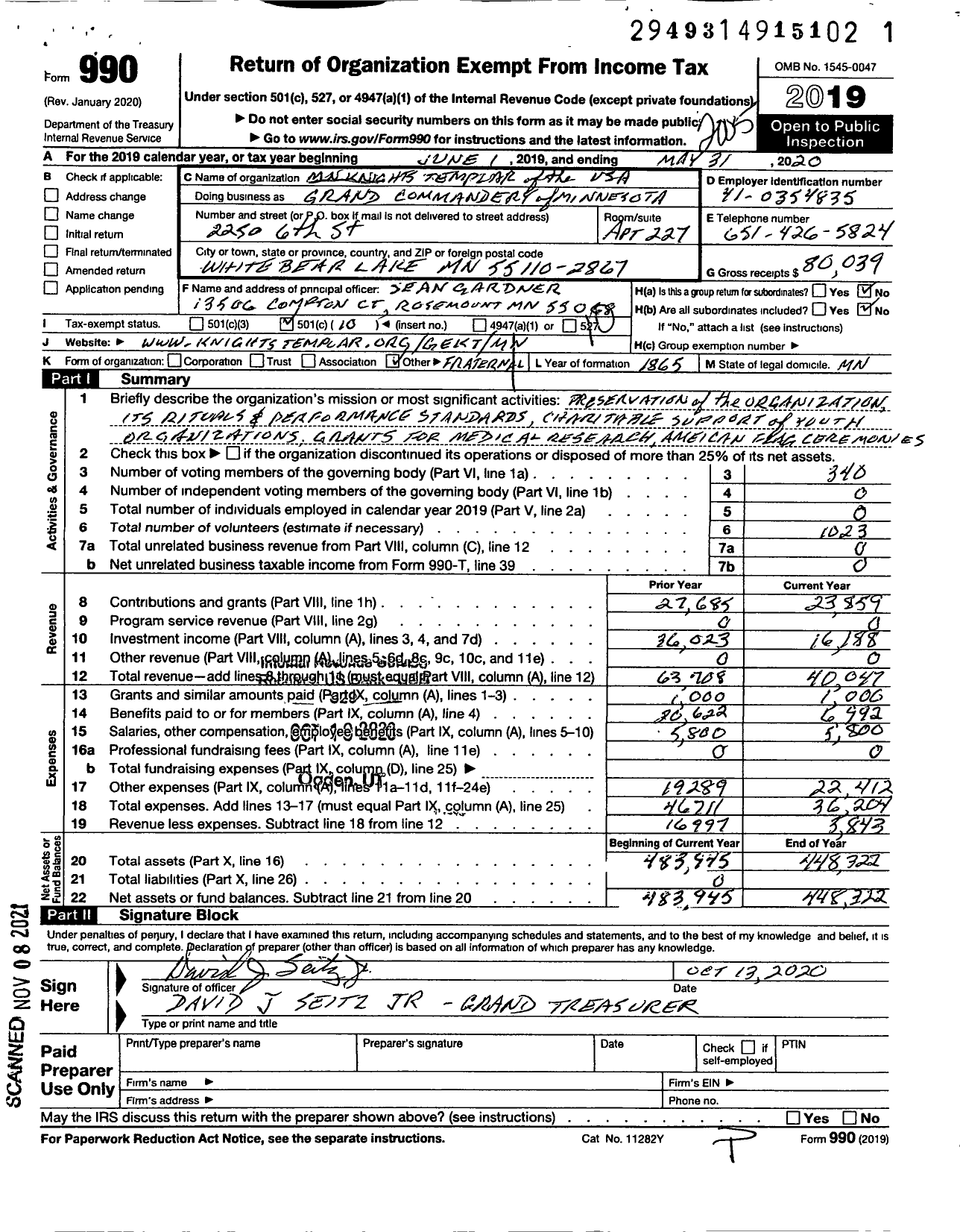 Image of first page of 2019 Form 990O for Knights Templar - Grand Commandery of Minnesota