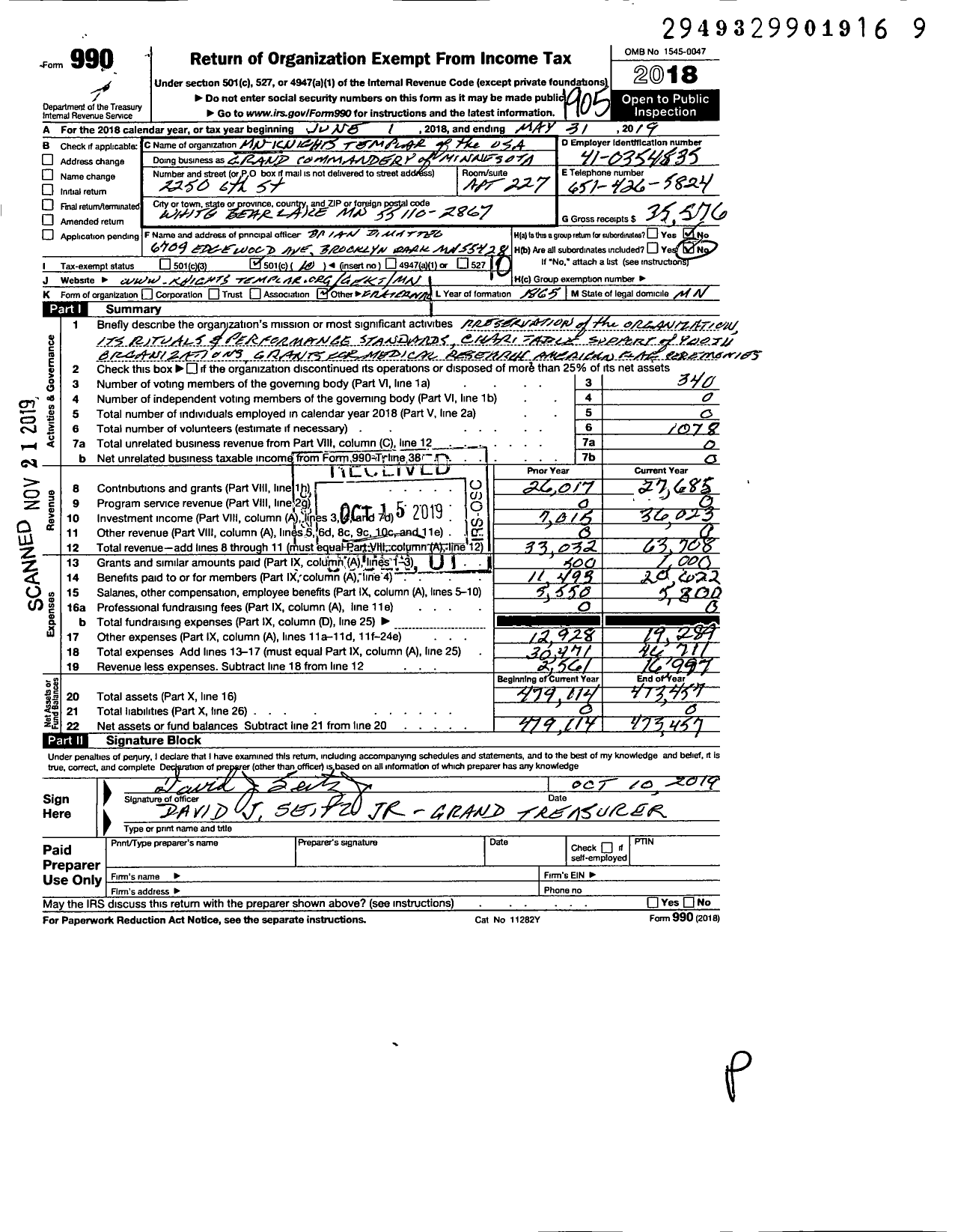 Image of first page of 2018 Form 990O for Knights Templar - Grand Commandery of Minnesota