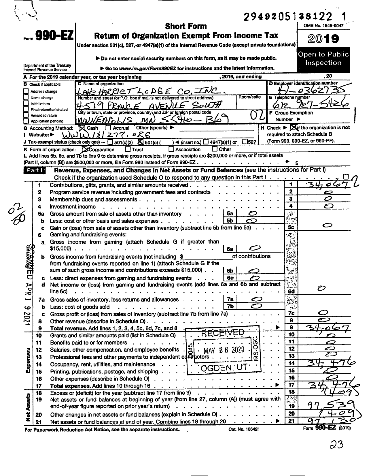 Image of first page of 2019 Form 990EO for Lake Harriet Lodge Company