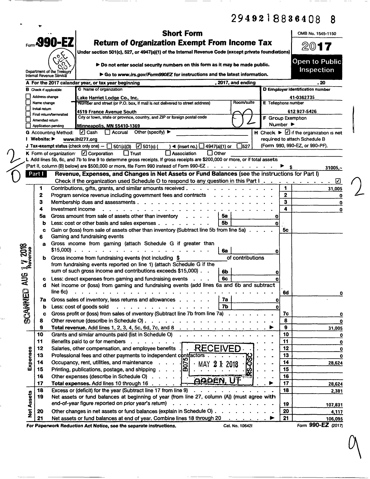 Image of first page of 2017 Form 990EO for Lake Harriet Lodge Company