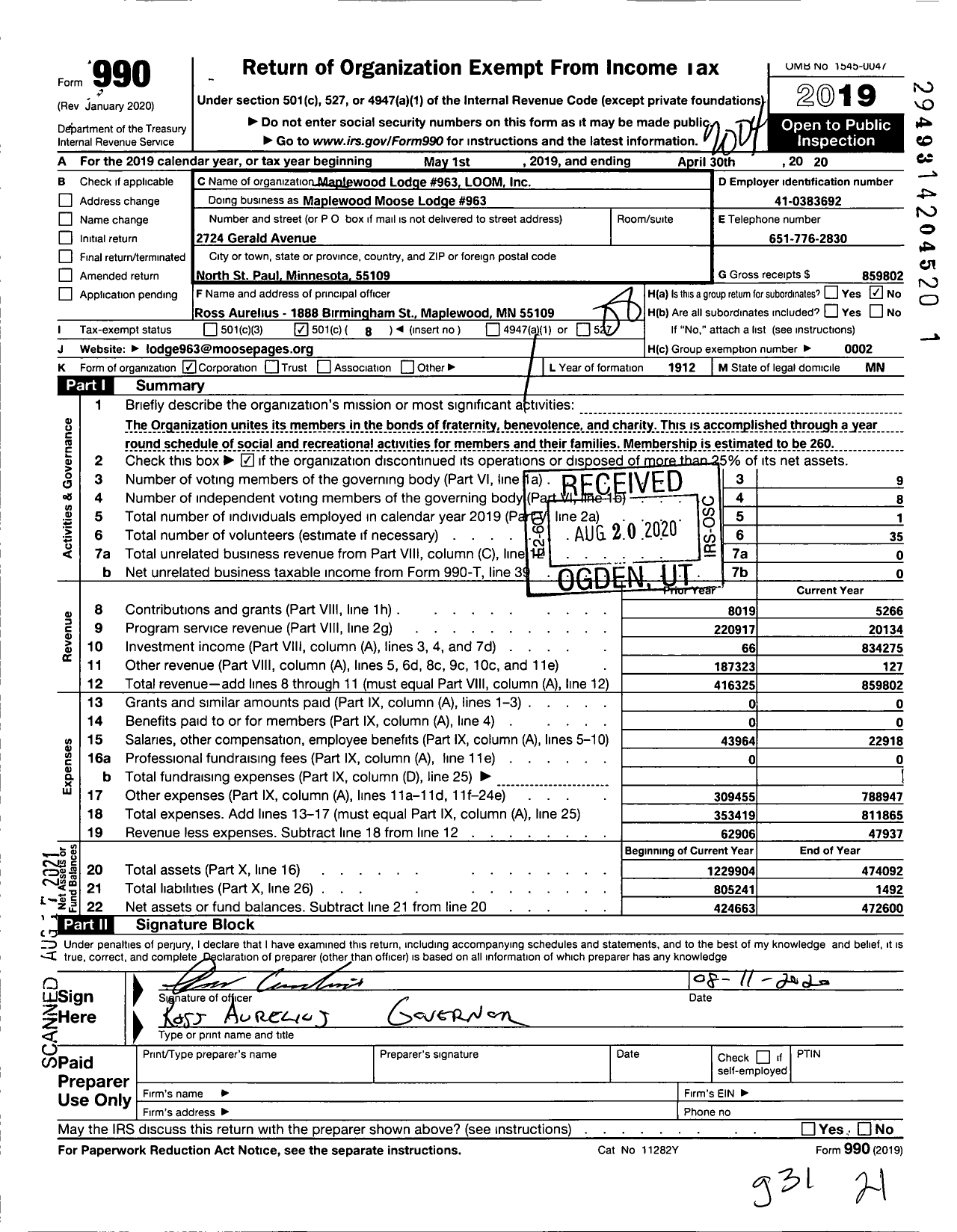 Image of first page of 2019 Form 990O for Loyal Order of Moose - Maplewood Moose Lodge #963