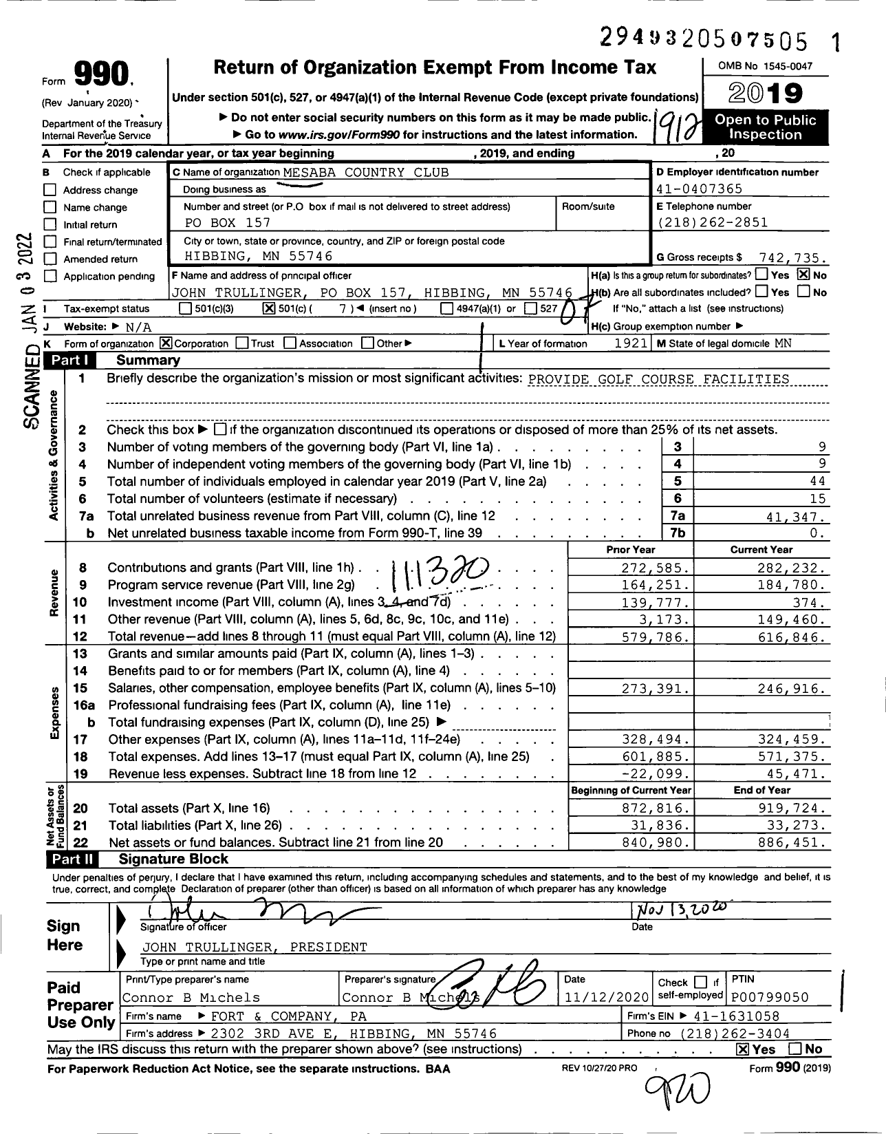 Image of first page of 2019 Form 990O for Mesaba Country Club